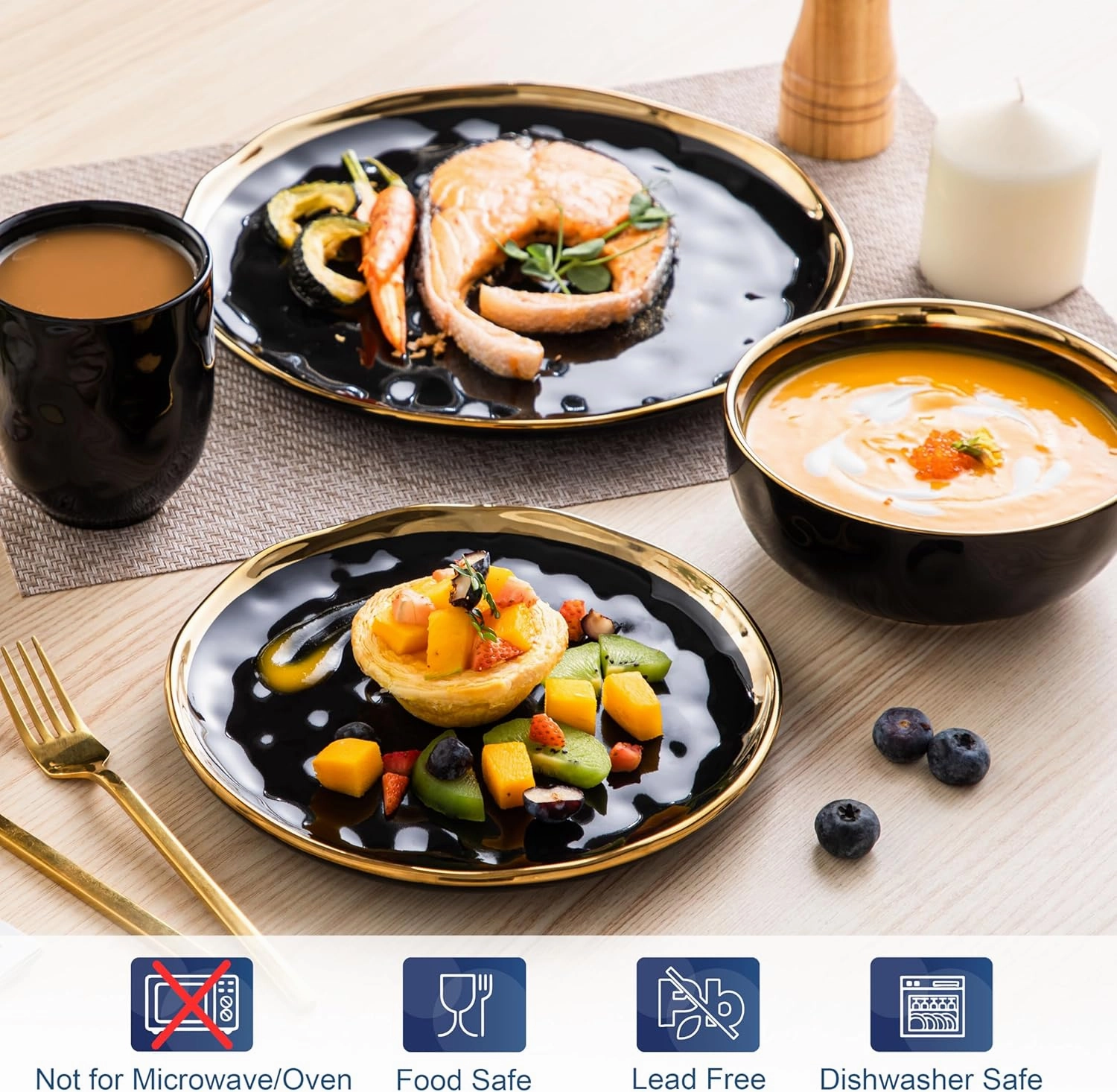 LOVECASA Black and Gold Dishes Sets, Stoneware Dinnerware Sets for 4, 16 Piece Plates and Bowls Sets, Handmade Dinnerware with Gold Trim, Dishwasher Safe Dinner Set