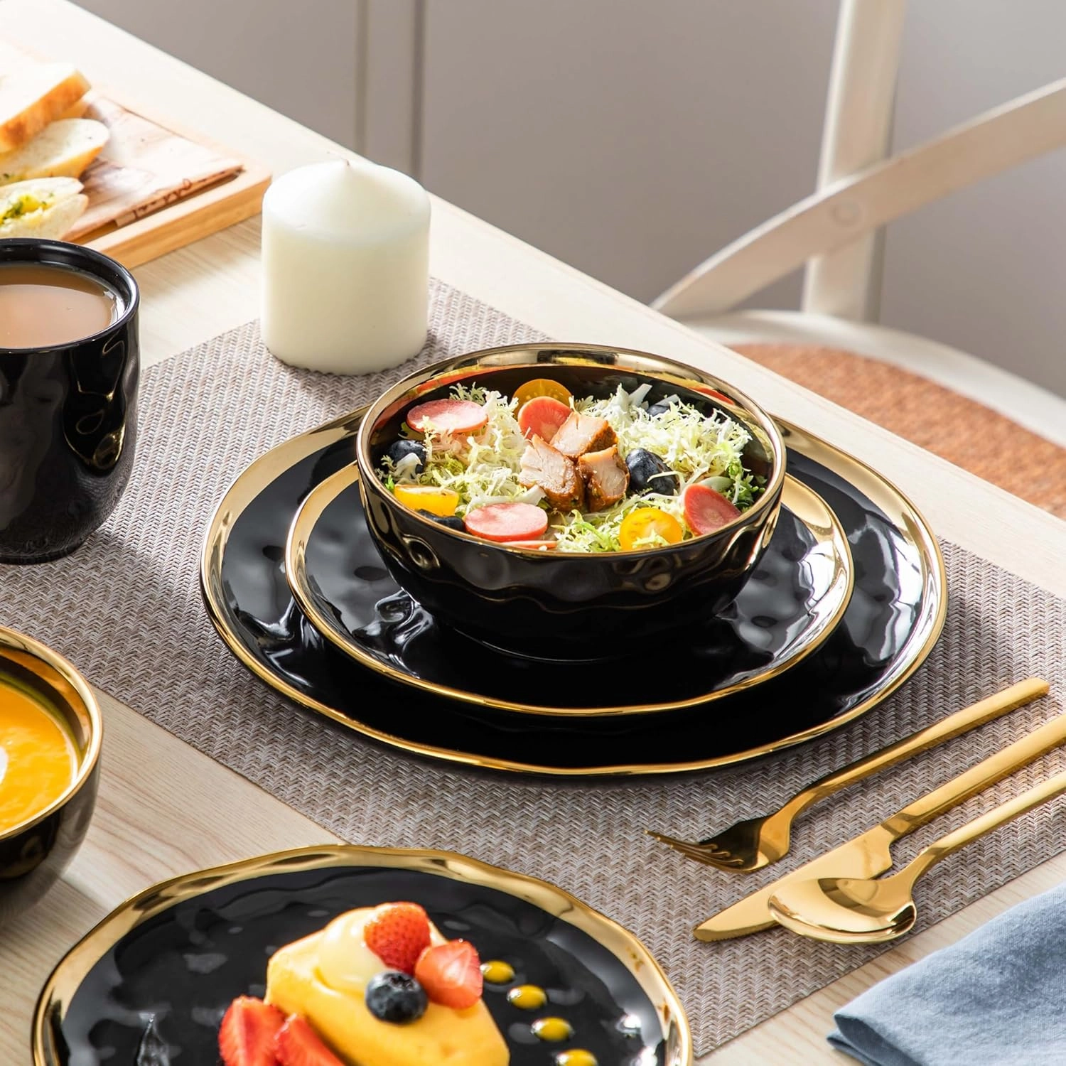 LOVECASA Black and Gold Dishes Sets, Stoneware Dinnerware Sets for 4, 16 Piece Plates and Bowls Sets, Handmade Dinnerware with Gold Trim, Dishwasher Safe Dinner Set