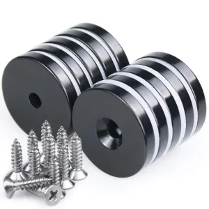 LOVIMAG 1.26”D x 0.2”H Black Epoxy Coated Neodymium Disc Countersunk Hole Magnets. Strong Permanent Rare Earth Magnets with Screws - Pack of 10
