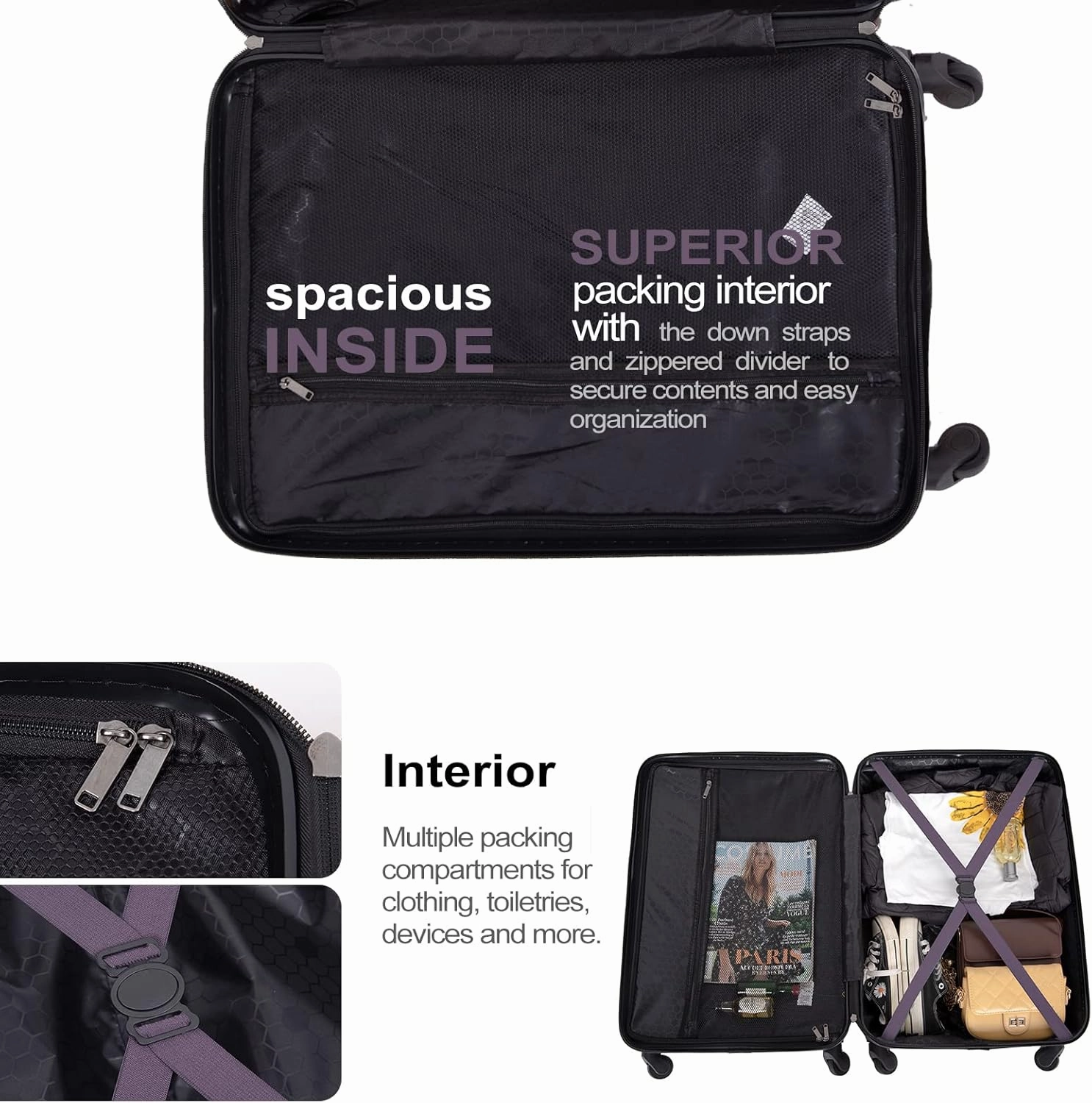 Luggage Sets 3piece Set Hardshell Luggage with Spinner Wheels, TSA Lock, Travel Suitcase Sets, 20 Inch Carry On, 24 Inch Mid-size, 28 Inch Large siutcase (Aubergine)