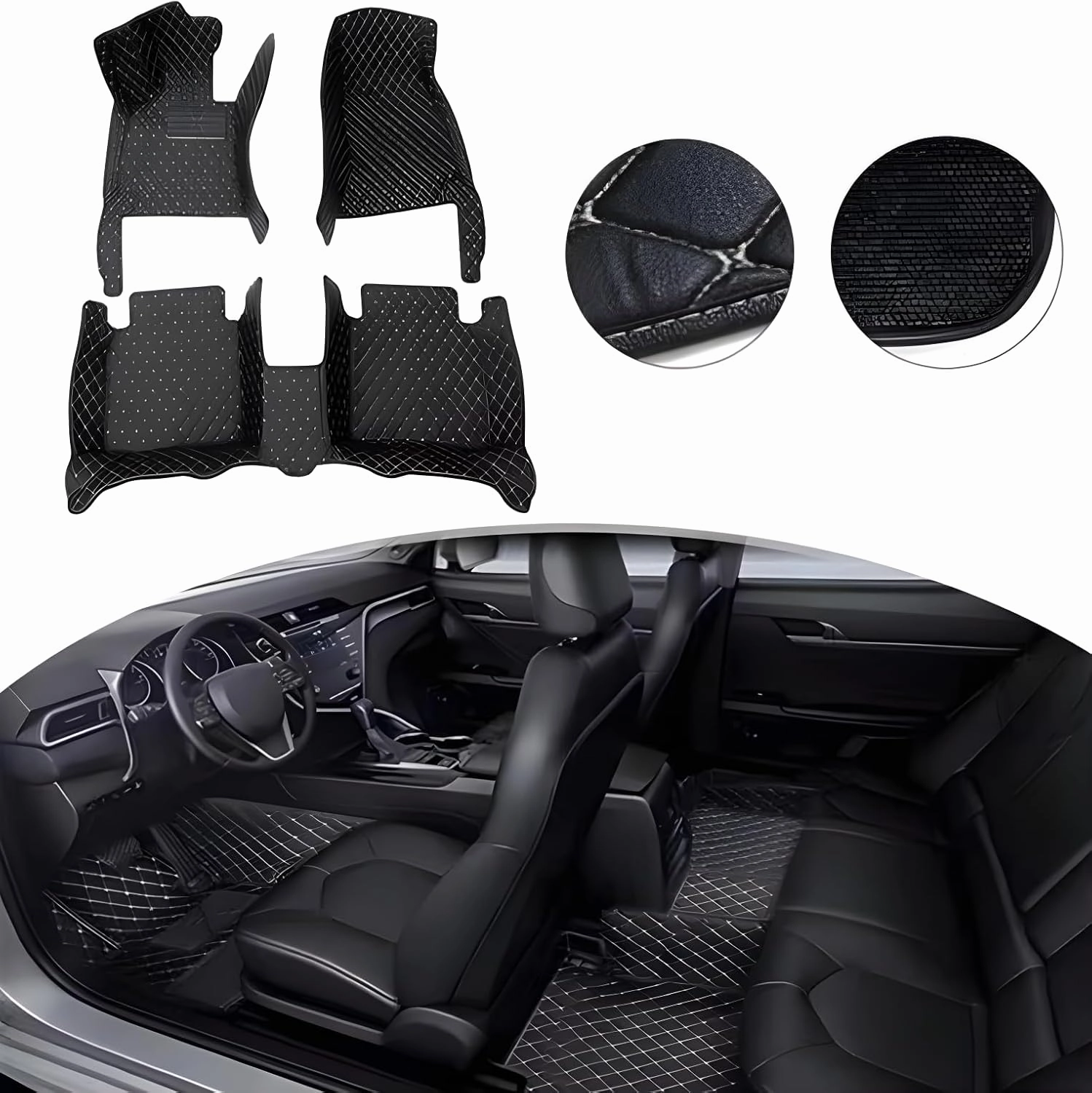 Luxury Leather Car Floor Mats for 2009-2016 Hyundai Genesis Coupe- All-Weather, Easy to Clean, Premium Interior Protection (Black Gold)