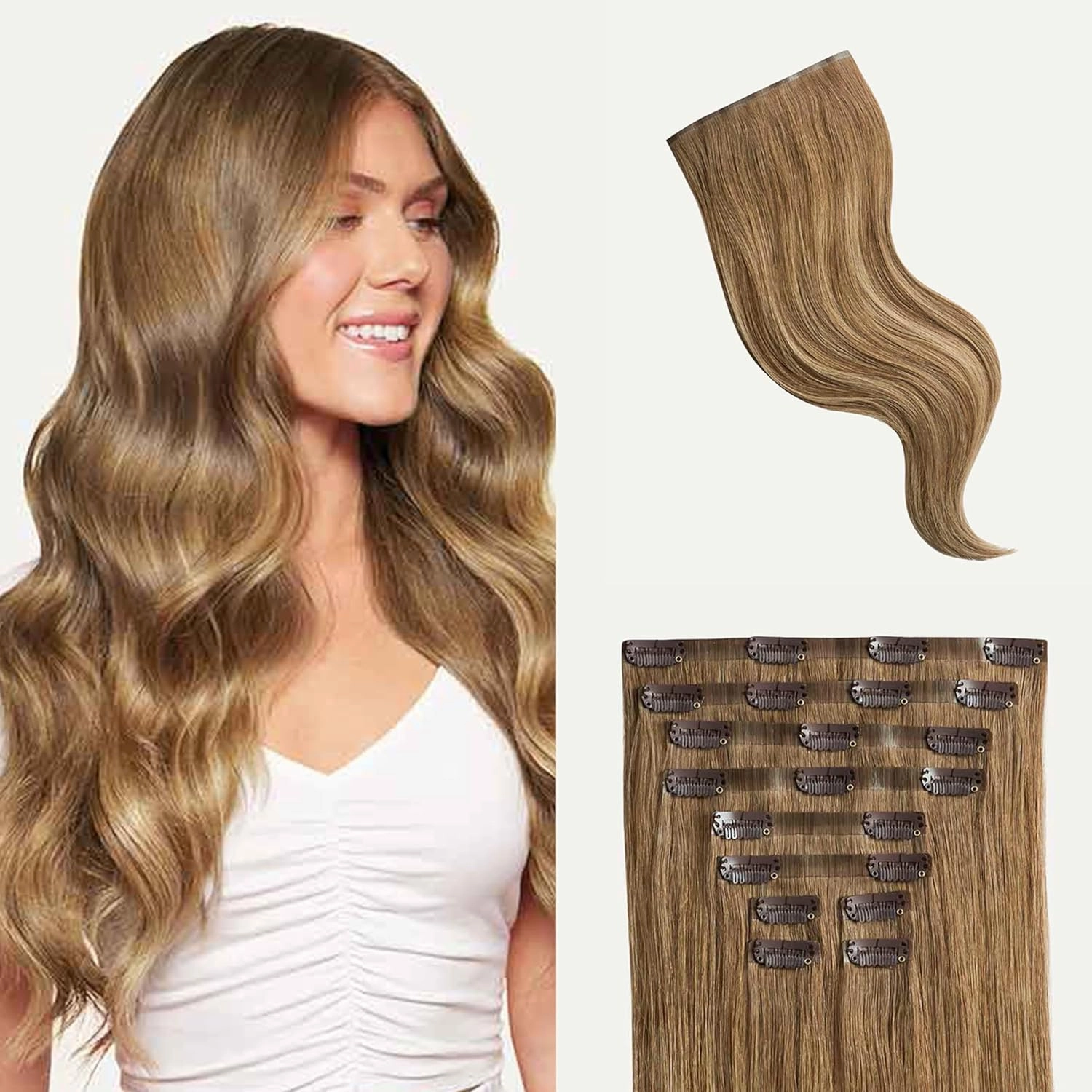 Luxy 100% Remy Human Hair - Seamless Clip-In Hair Extensions - Multi-Dimensional Color for Natural Blending, Adds Volume & Length 240 grams 24" Bronde Balayage Seamless