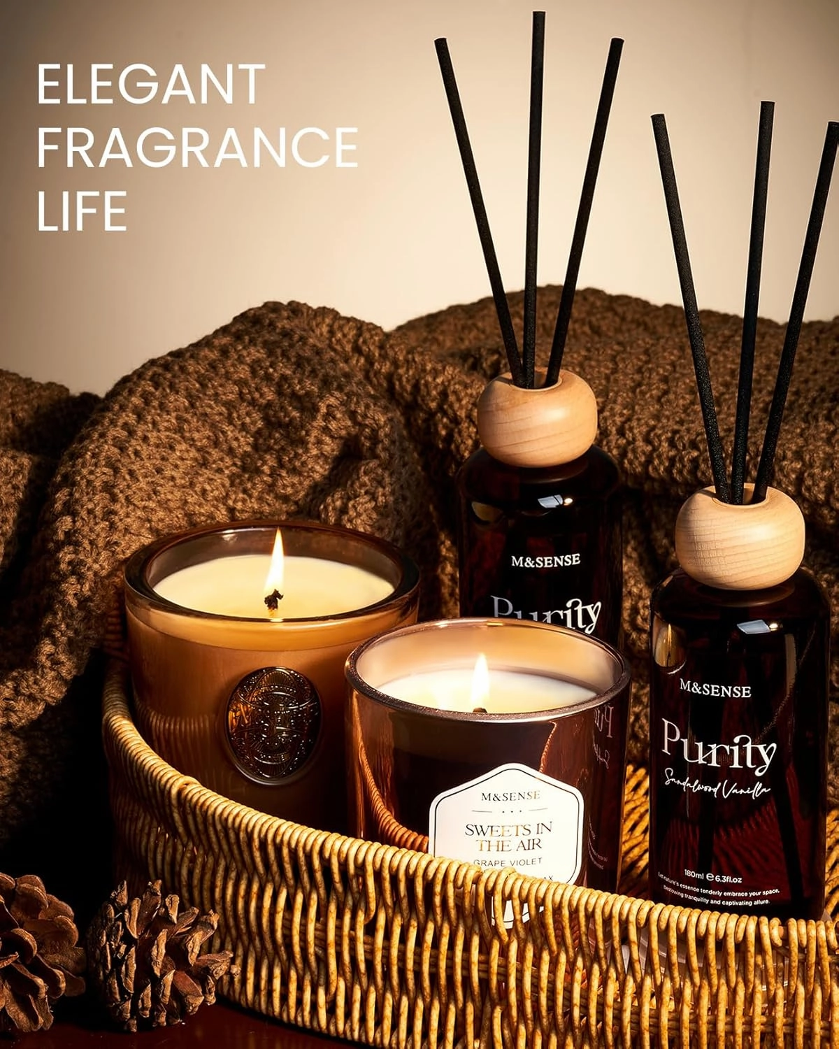 M&SENSE Rose Amber Reed Diffuser: 6.3 fl oz Non-Toxic Aroma Set with Sticks, Light & Subtle Fragrance, Long-Lasting Natural Essential Oil Gifts for Bedroom, Shelf Decor & Small Spaces