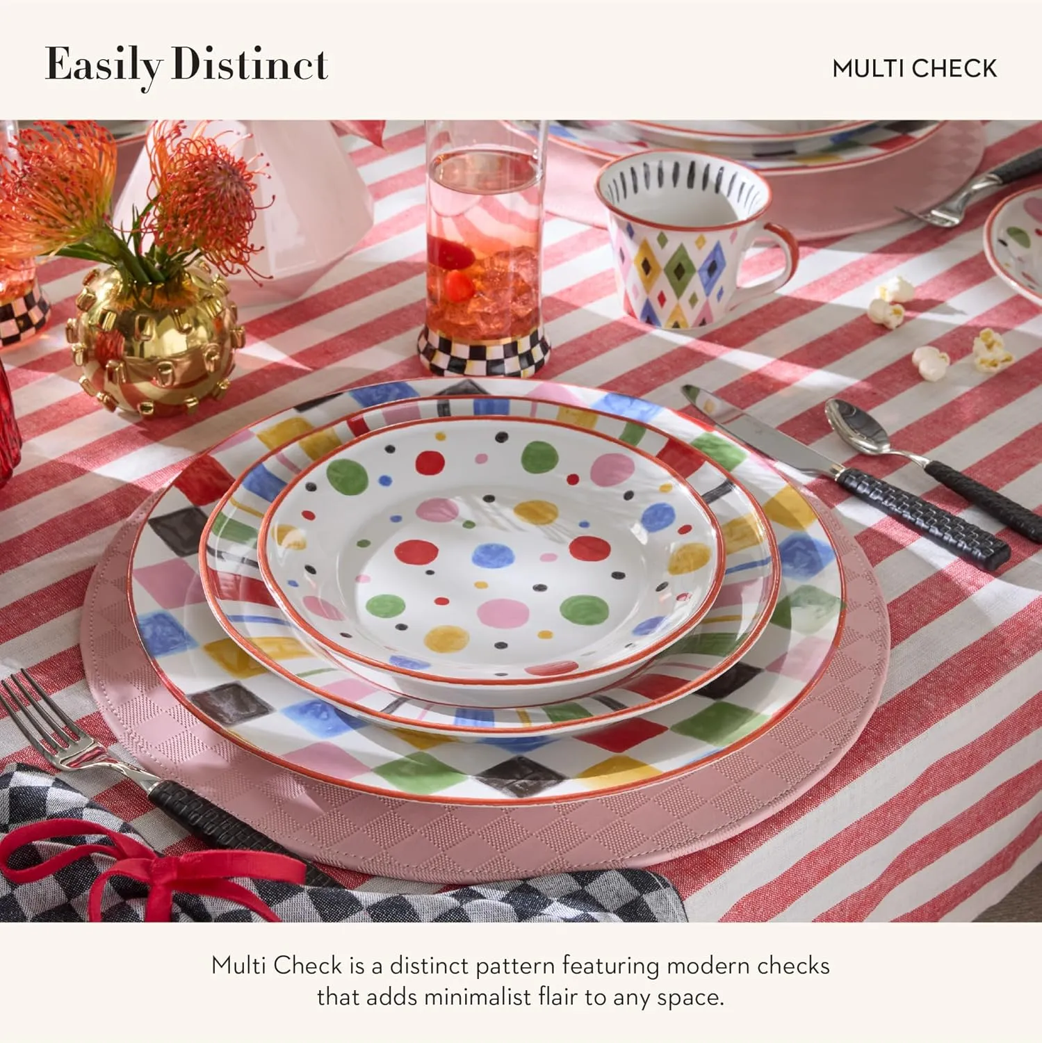 MACKENZIE-CHILDS Round Platter, Dishwasher-Safe and Microwave-Safe Stoneware Serving Platter, Multi Check