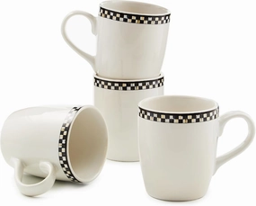 MACKENZIE-CHILDS Set of 4 Everyday Mugs, Dishwasher-Safe and Microwave-Safe, 14-Ounce Capacity, Black-and-White Courtly Check