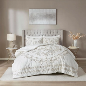 Madison Park Violette Chenille Cotton Tufted Comforter Large Medallion Design, All Season, Hypoallergenic, Soft Bedding Set, Matching Sham, King/Cal King, Ivory/Taupe 3 Piece