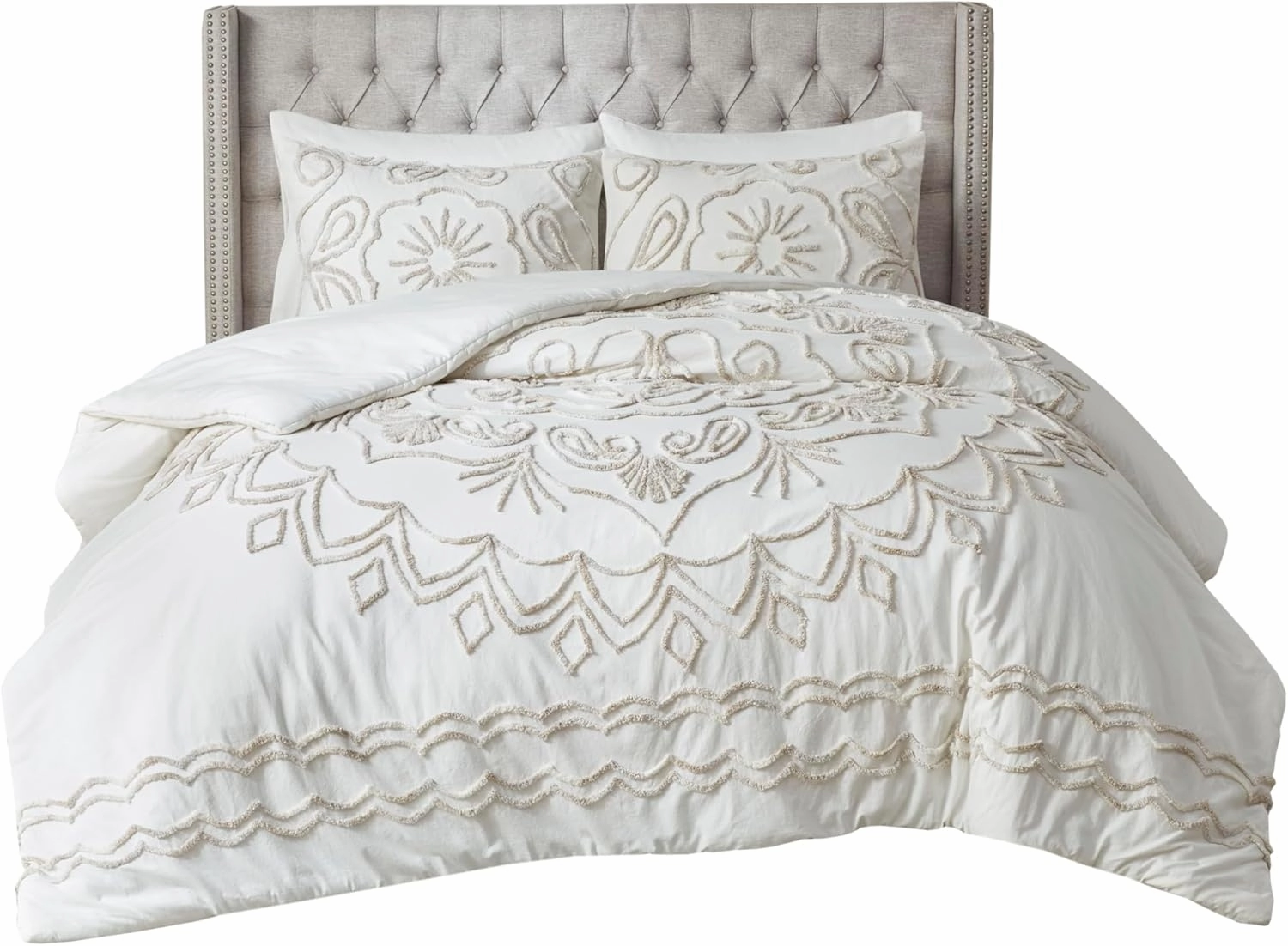 Madison Park Violette Chenille Cotton Tufted Comforter Large Medallion Design, All Season, Hypoallergenic, Soft Bedding Set, Matching Sham, King/Cal King, Ivory/Taupe 3 Piece