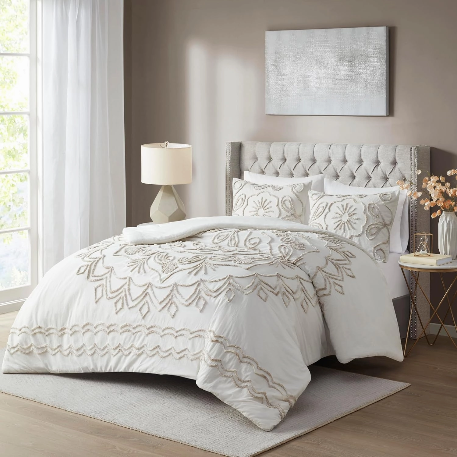 Madison Park Violette Chenille Cotton Tufted Comforter Large Medallion Design, All Season, Hypoallergenic, Soft Bedding Set, Matching Sham, King/Cal King, Ivory/Taupe 3 Piece