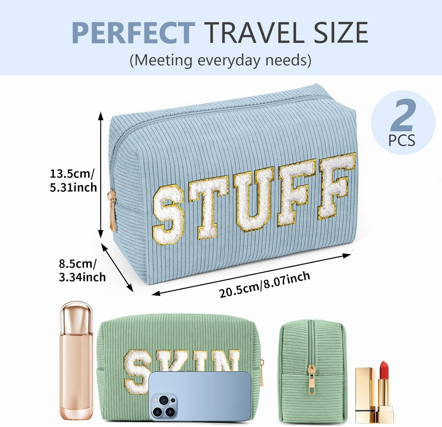 MAGEFY Makeup Bag Corduroy 2 Pcs Cosmetic Bags for Women Preppy Small Makeup Bag with Chenille Letter Patch Makeup Pouch Green SKIN & Blue STUFF