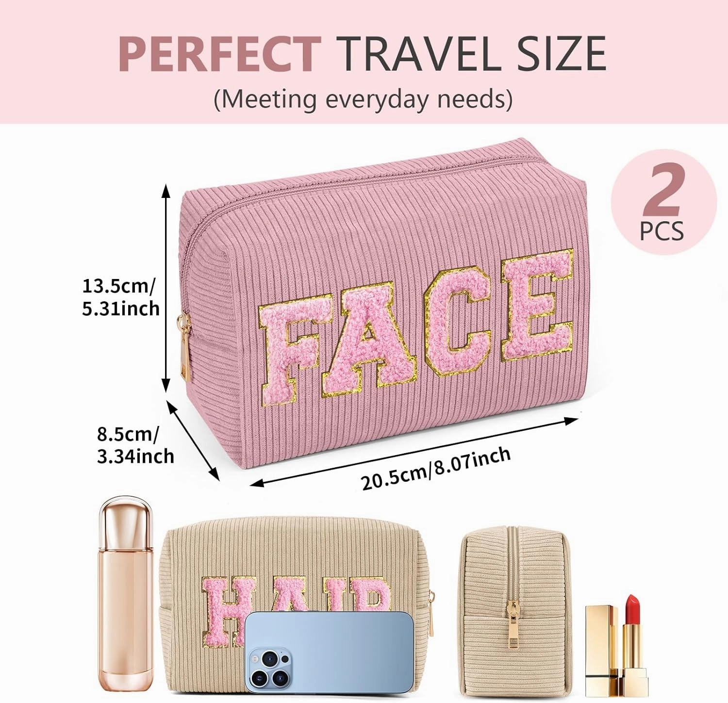 MAGEFY Makeup Bag Corduroy 2 Pcs Cosmetic Bags for Women Preppy Small Makeup Bag with Chenille Letter Patch Makeup Pouch Pink FACE & Begie HAIR