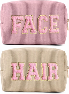 MAGEFY Makeup Bag Corduroy 2 Pcs Cosmetic Bags for Women Preppy Small Makeup Bag with Chenille Letter Patch Makeup Pouch Pink FACE & Begie HAIR