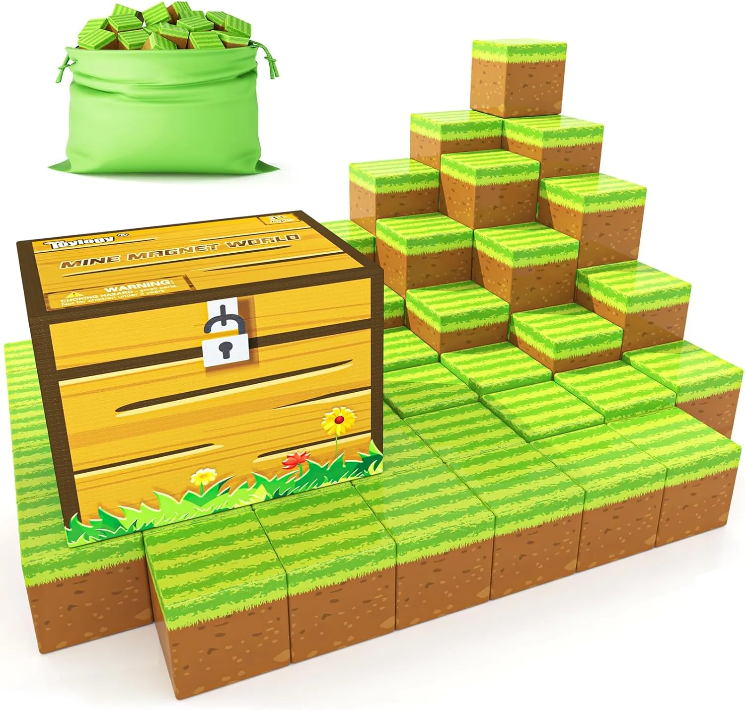 Magnetic Blocks-Build Mine Magnet World Grass Edition, Magnetic Toys for Boys & Girls Age 3-4 4-5 6-8, STEM Montessori Sensory Toys for Toddlers Gifts for 3  Years Old Girls Boys