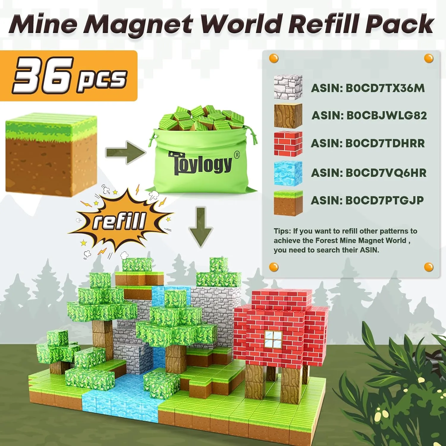 Magnetic Blocks-Build Mine Magnet World Grass Edition, Magnetic Toys for Boys & Girls Age 3-4 4-5 6-8, STEM Montessori Sensory Toys for Toddlers Gifts for 3  Years Old Girls Boys