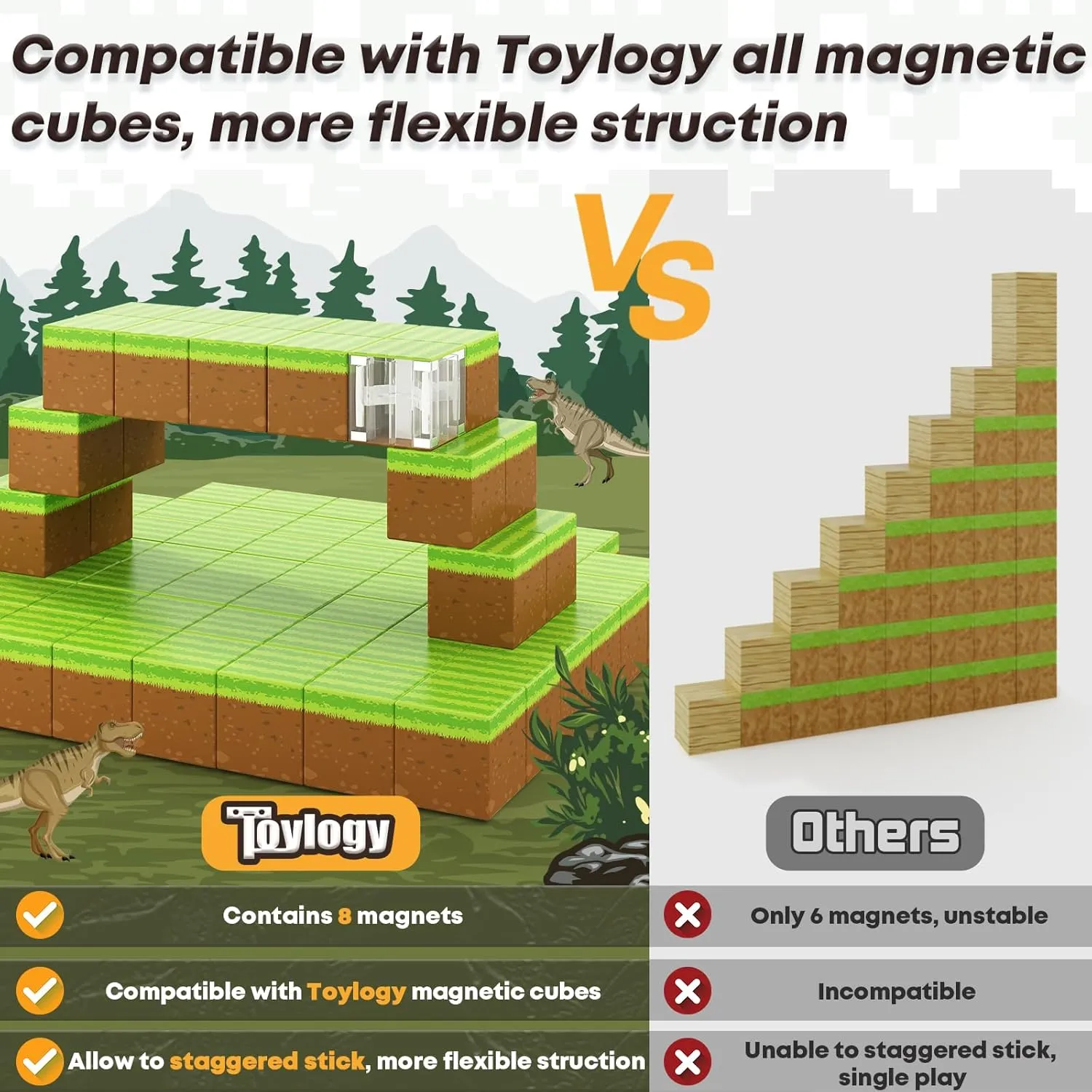 Magnetic Blocks-Build Mine Magnet World Grass Edition, Magnetic Toys for Boys & Girls Age 3-4 4-5 6-8, STEM Montessori Sensory Toys for Toddlers Gifts for 3  Years Old Girls Boys