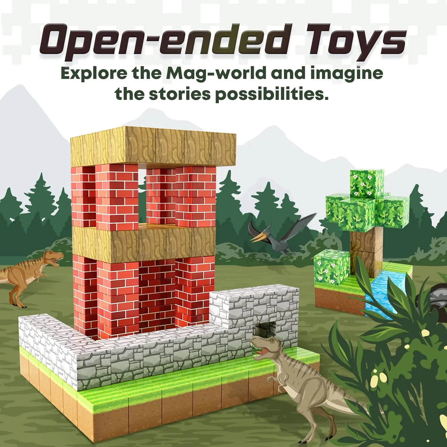 Magnetic Blocks-Build Mine Magnet World Grass Edition, Magnetic Toys for Boys & Girls Age 3-4 4-5 6-8, STEM Montessori Sensory Toys for Toddlers Gifts for 3  Years Old Girls Boys