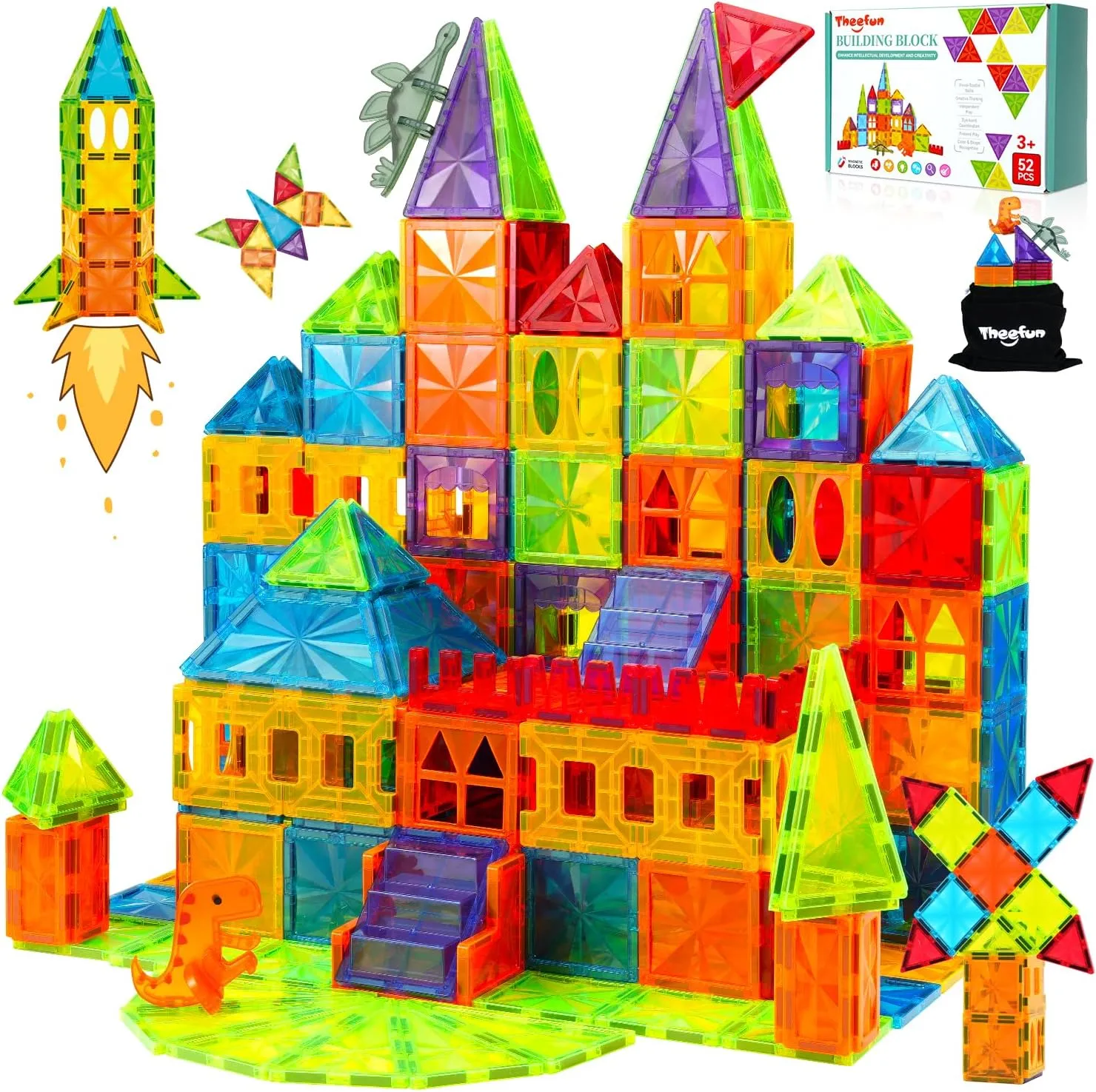 Magnetic Tiles 52PCS 3D Magnet Building Blocks Toys with 2 Dinosaur for Kids Educational Magnetic Construction Playboards Set STEM Sensory Outdoor Toys for Boys Girls Toddlers 3 4 5 6 7 8 9 Year Old