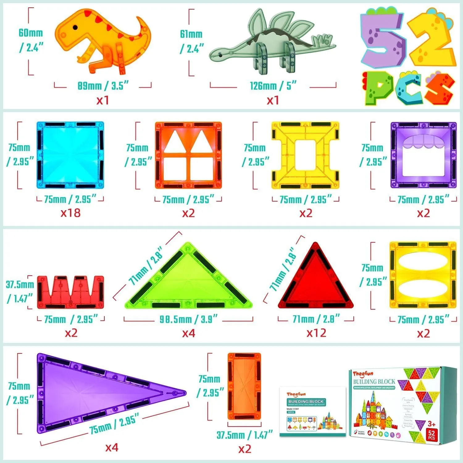 Magnetic Tiles 52PCS 3D Magnet Building Blocks Toys with 2 Dinosaur for Kids Educational Magnetic Construction Playboards Set STEM Sensory Outdoor Toys for Boys Girls Toddlers 3 4 5 6 7 8 9 Year Old