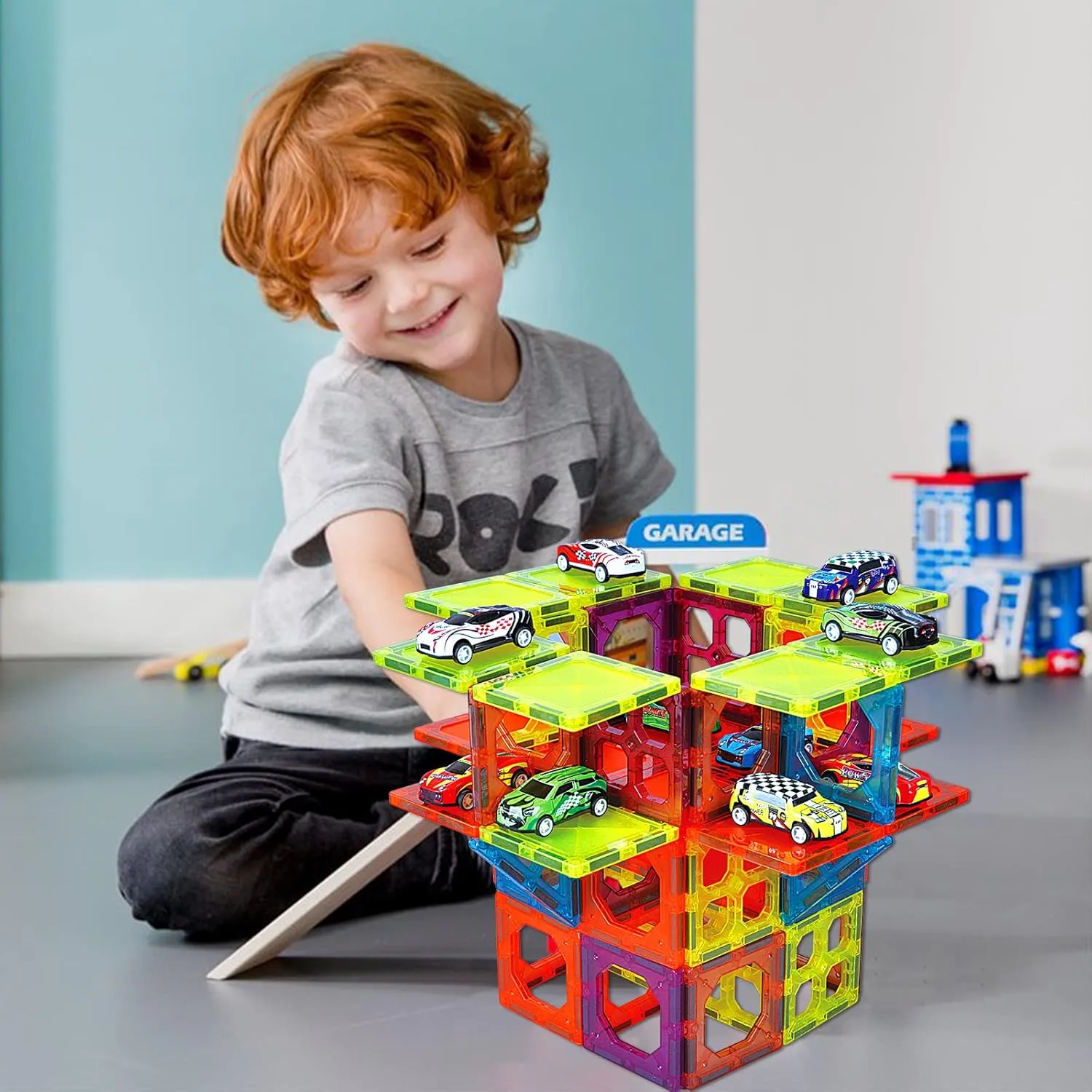Magnetic Tiles Parking Building Playset with 10 Pull-Back Metal Cars for Kids Construction STEM Toy Preschool Creativity Learning Birthday Gift for Girls Boys Toddlers 3 4 5 6 7 8
