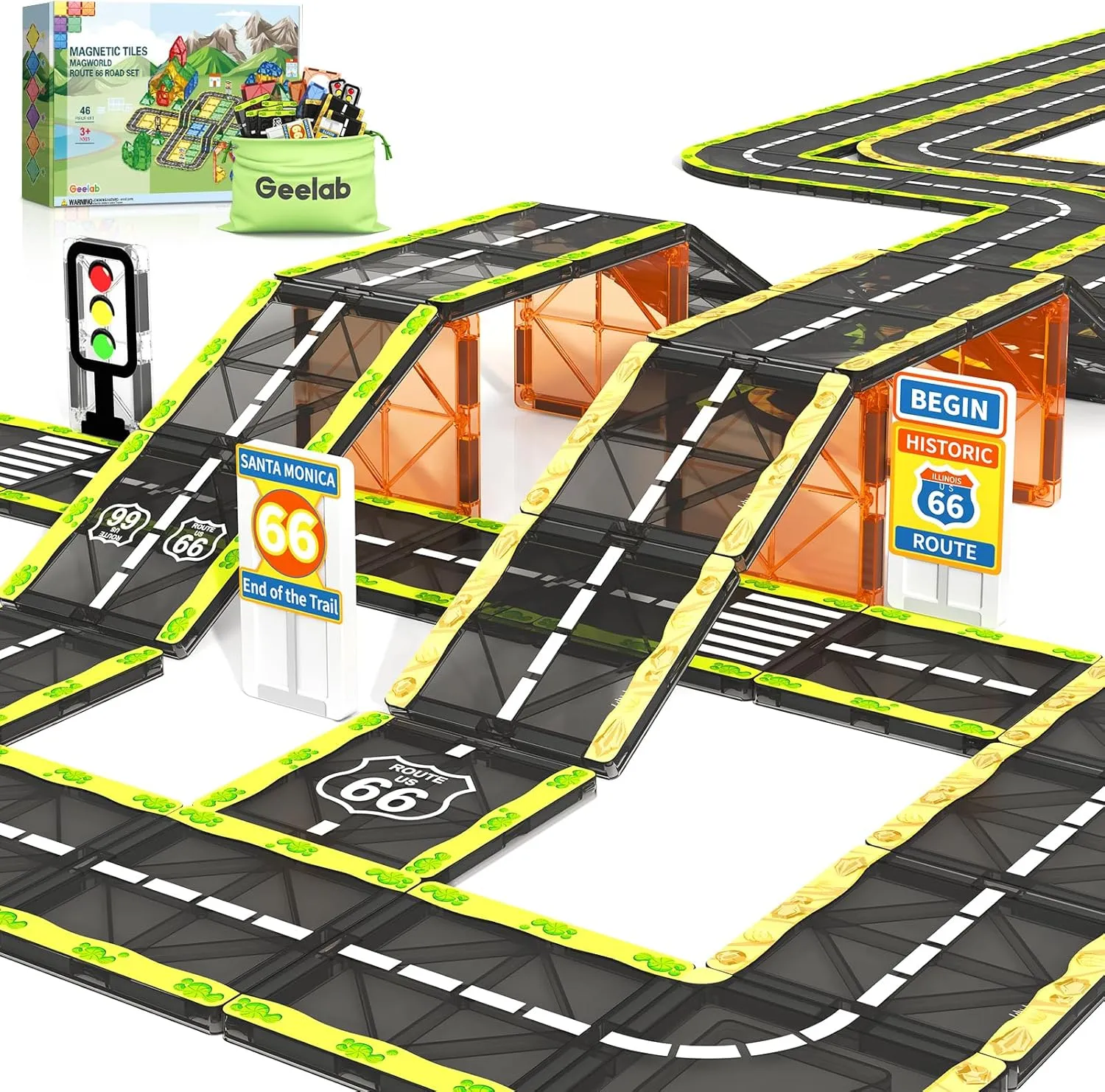 Magnetic Tiles Road - Route 66 Set, Magnet Building Blocks for Toddler Kids Toys, Construction Sets for 3  Year Old Boys & Girls, STEM Stacking Toy,Creative Gifts for Kids