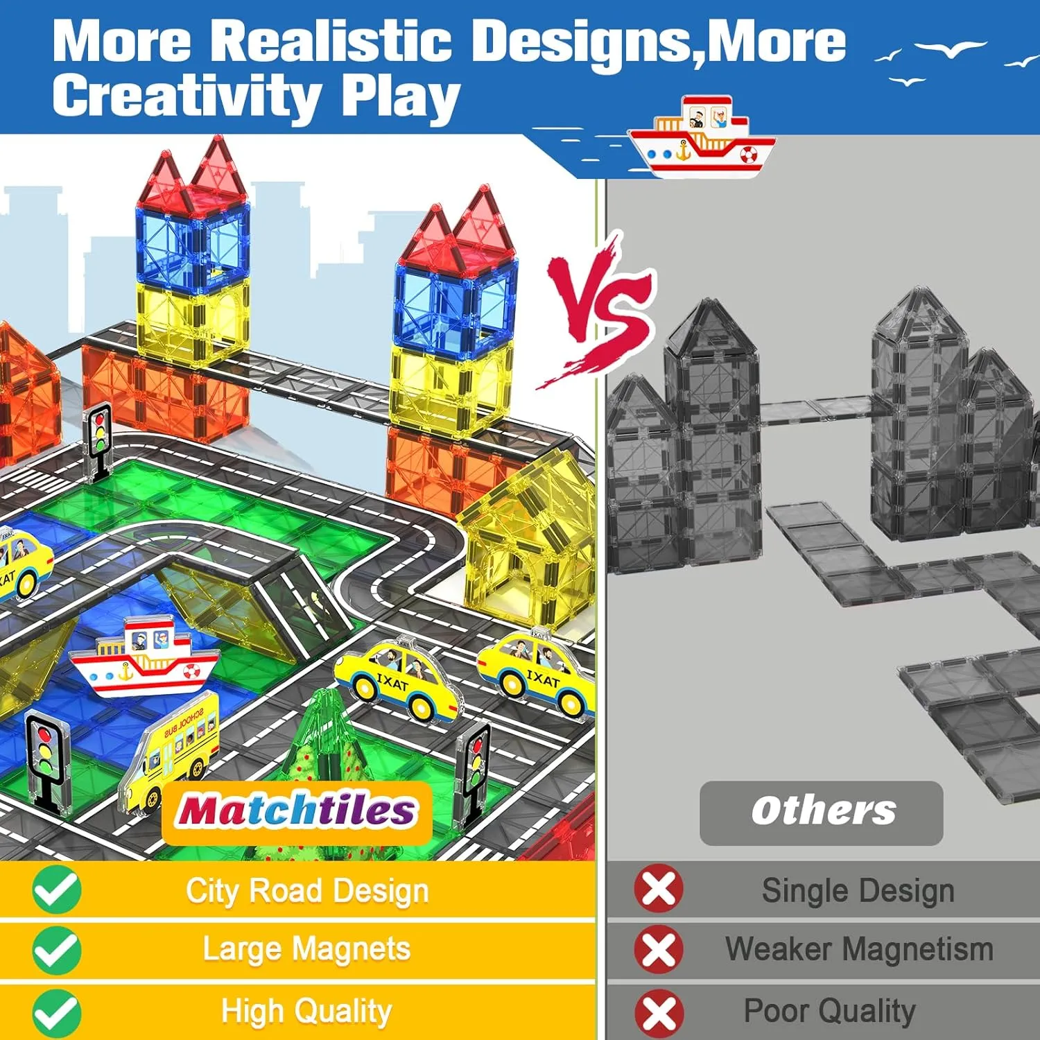 Magnetic Tiles Road Toys for 3  Year Old Toddler, Magnetic Blocks Building Toys for Kids Ages 3-5 5-7 Girls Boys, STEM Montessori Sensory, Classroom Must Haves