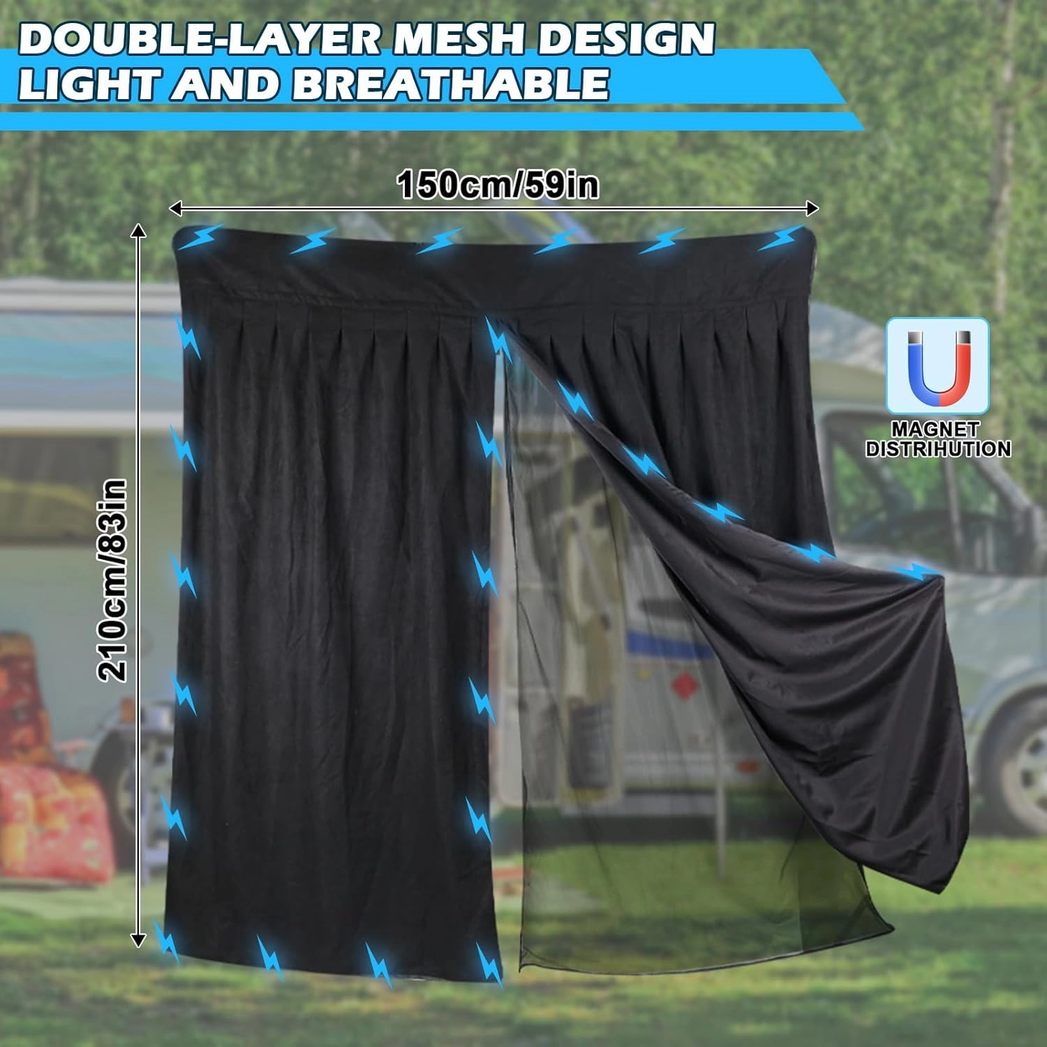Magnetic Van Bug Screen for RV and Other Campervans, Double Layer Design Bug Mesh Customized for Sprinter, Ford Transit Van, Promaster Camper, GMC Savana, Rear Door Mosquito Net Center Zipper Closure