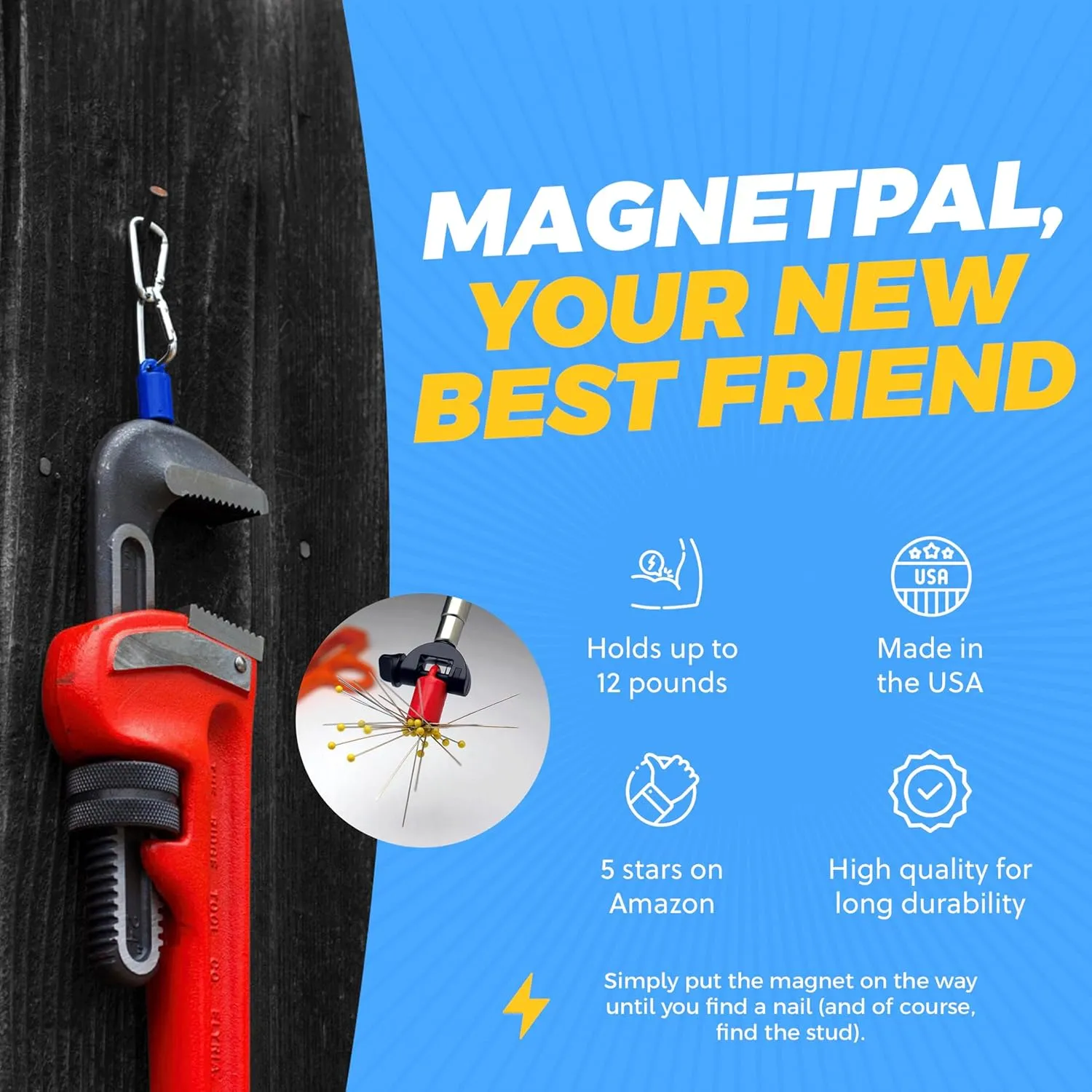 MagnetPAL Heavy-Duty Neodymium Anti-Rust Magnet, Magnetic Stud Finder, Hide-A-Key, Tool Holder & Retrieval, Most Powerful Magnet 12lb Pull, Indoor or Outdoor Multi Use Tools, Quick Release Keys Blue