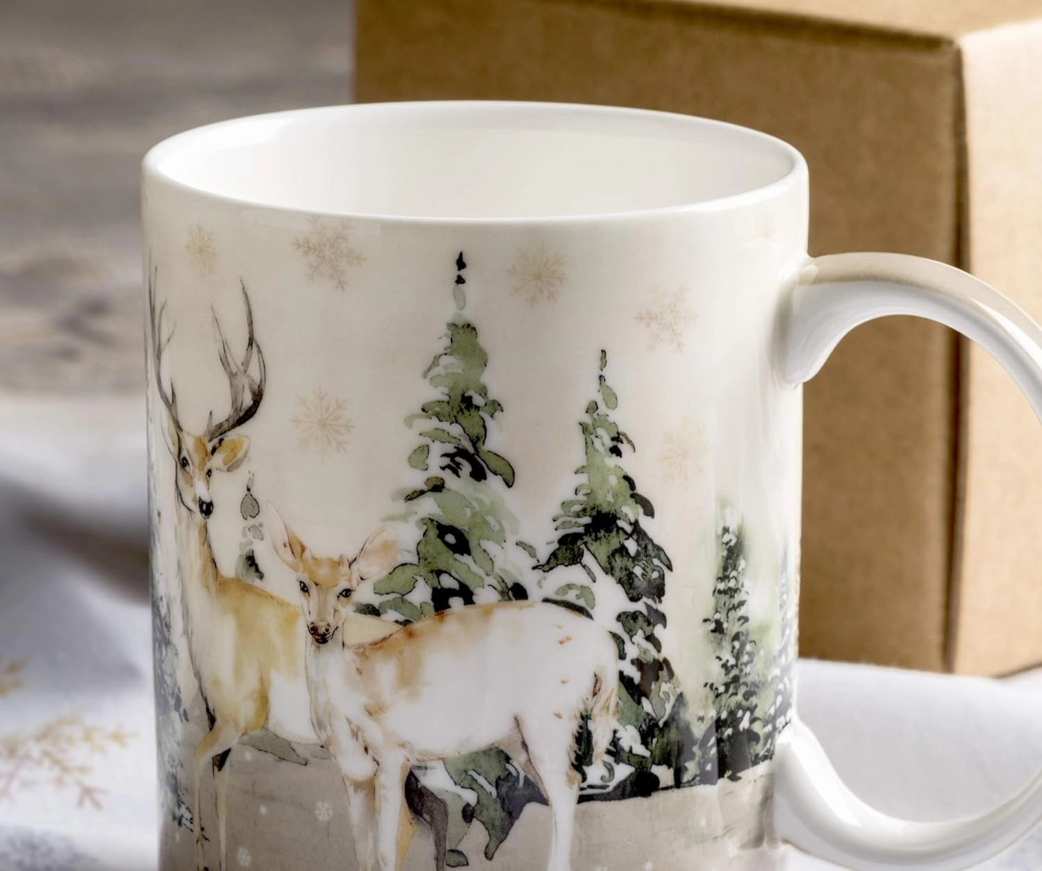 Maison d' Hermine Coffee Mug with Handles Fine Bone China Mugs Pack of One Tea Cups for Hot Beverages Cappuccino Latte Home Office Perfect for Gift (Deer In The Woods - Forest Deer, 15 Ounce)