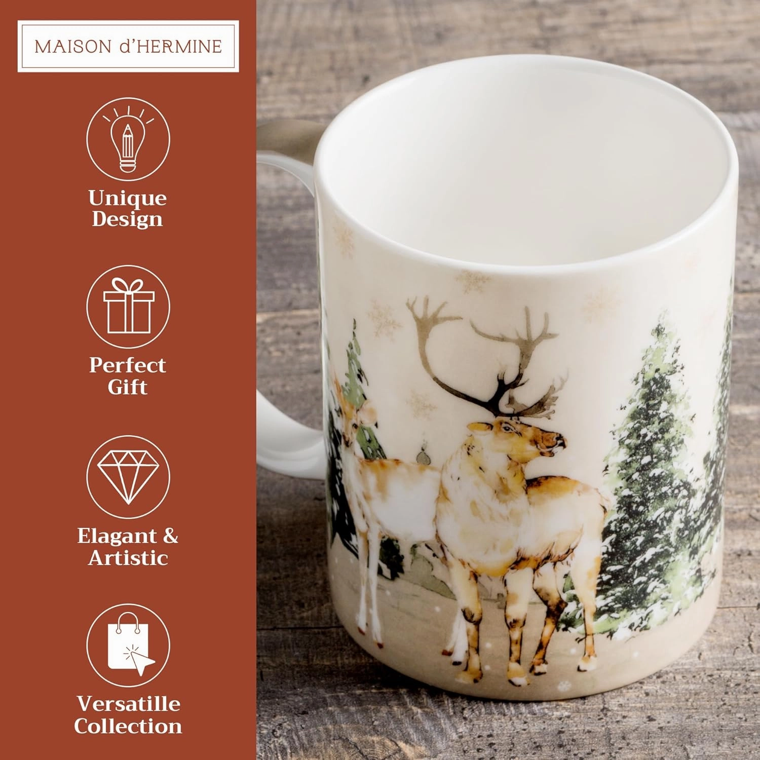 Maison d' Hermine Coffee Mug with Handles Fine Bone China Mugs Pack of One Tea Cups for Hot Beverages Cappuccino Latte Home Office Perfect for Gift (Deer In The Woods - Forest Deer, 15 Ounce)