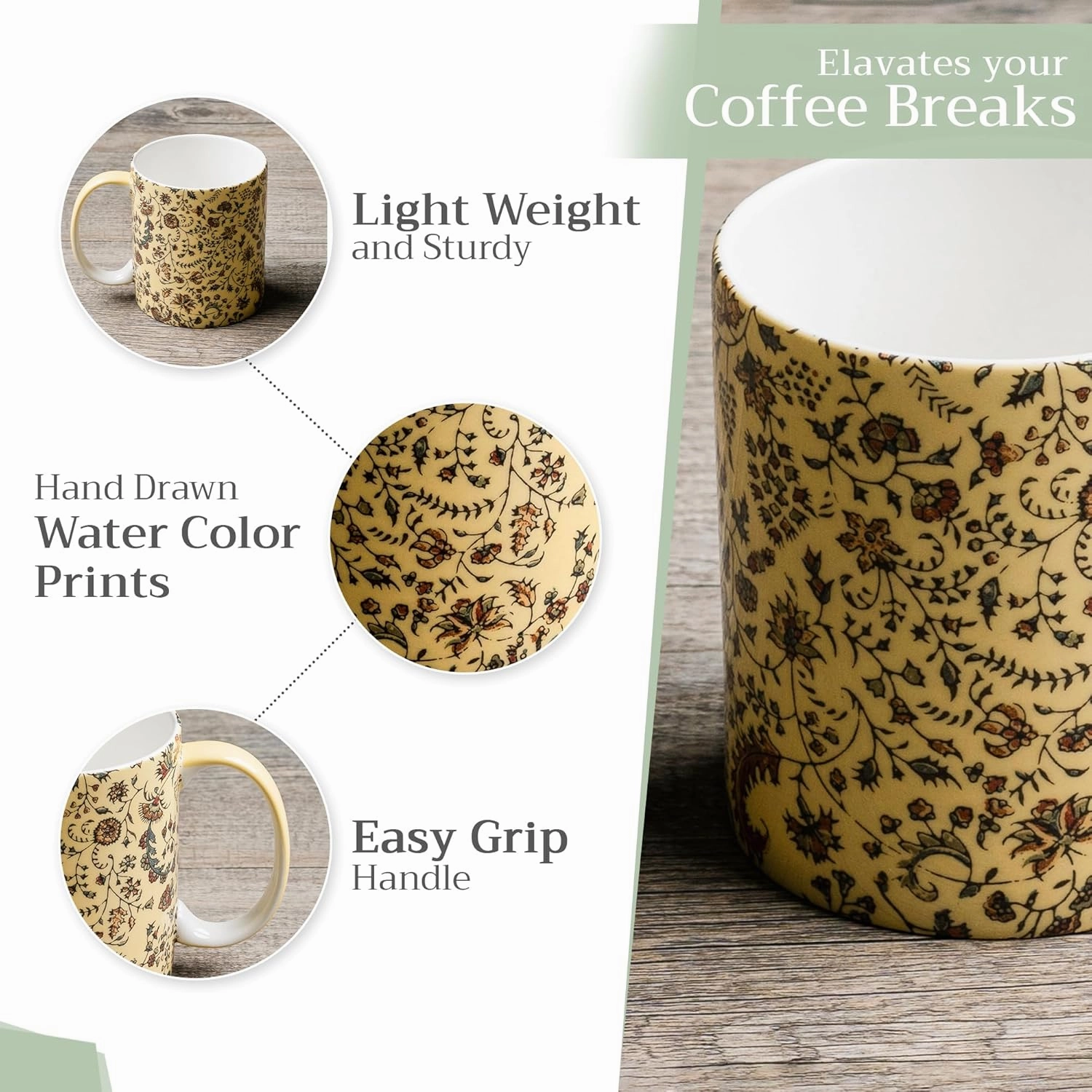 Maison d' Hermine Coffee Mug with Handles Fine Bone China Mugs Pack of One Tea Cups for Hot Beverages Cappuccino Latte Home Restaurant Office Perfect for Gift (Lakshmi - Daya, 15 Ounce)