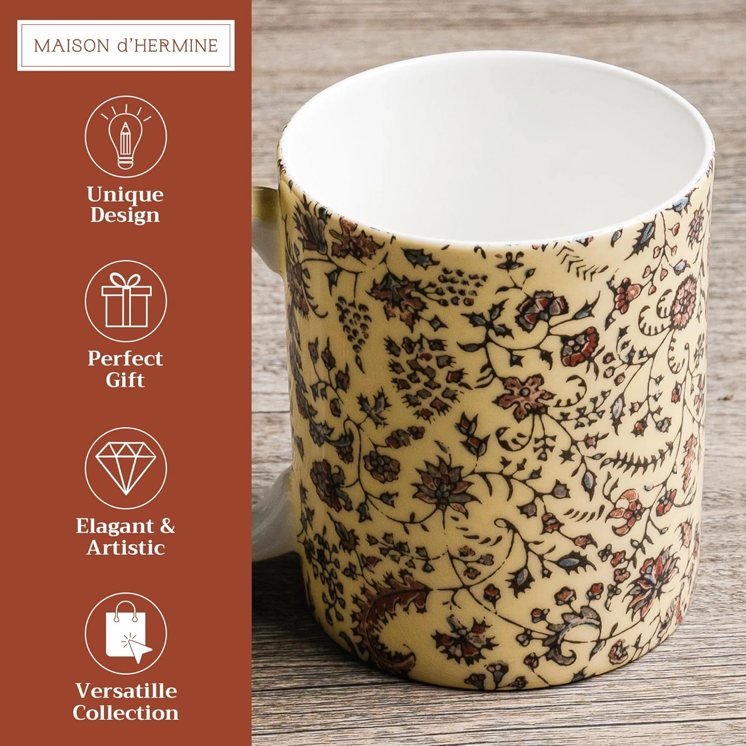 Maison d' Hermine Coffee Mug with Handles Fine Bone China Mugs Pack of One Tea Cups for Hot Beverages Cappuccino Latte Home Restaurant Office Perfect for Gift (Lakshmi - Daya, 15 Ounce)