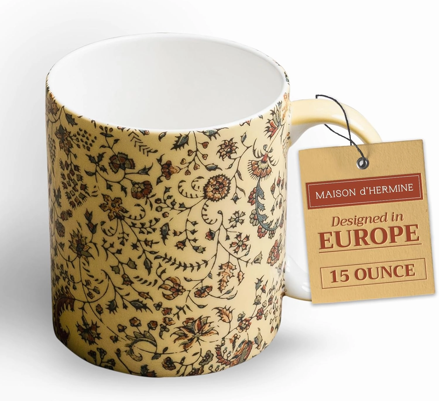 Maison d' Hermine Coffee Mug with Handles Fine Bone China Mugs Pack of One Tea Cups for Hot Beverages Cappuccino Latte Home Restaurant Office Perfect for Gift (Lakshmi - Daya, 15 Ounce)