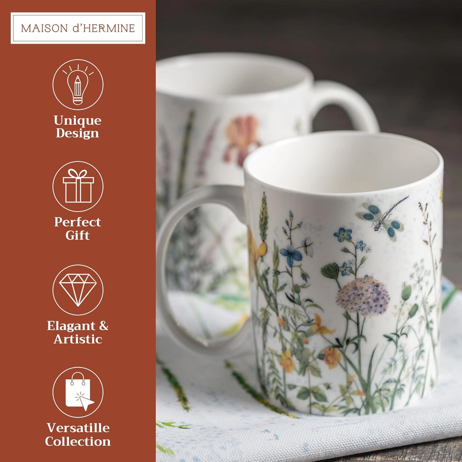 Maison d' Hermine Coffee Mug with Handles Fine Bone China Pack of Two Coffee Mug for Hot Beverages Cappuccino Latte Home Restaurant Perfect for Men & Women (Fleurs De Mai, 12 Ounce)