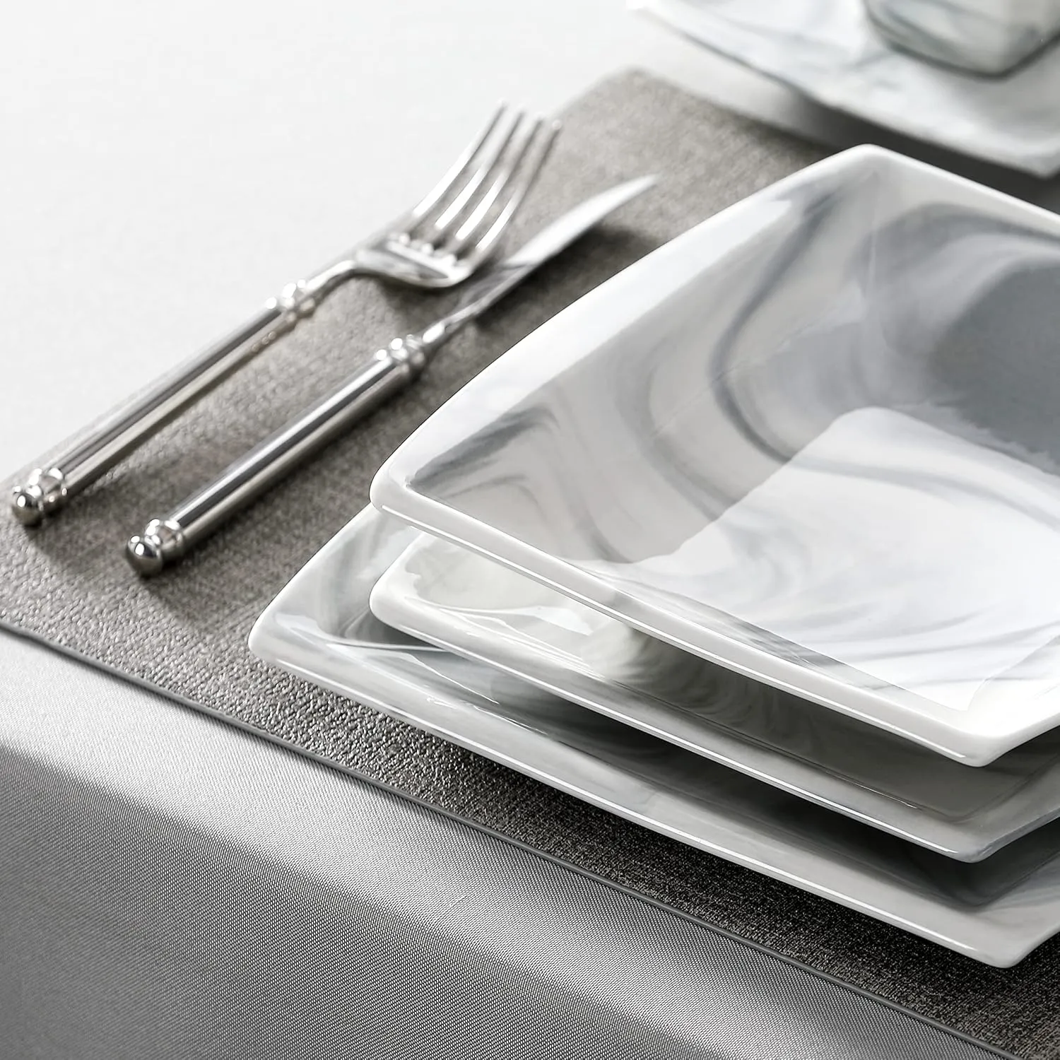 MALACASA Dinnerware Sets, 30 Piece Porcelain Plates and Bowls Sets for 6, Square Dish Set with Dinner Plates Set, Cup and Saucer, Modern Dishware Dishes Microwave Safe, Marble Grey, Series Blance