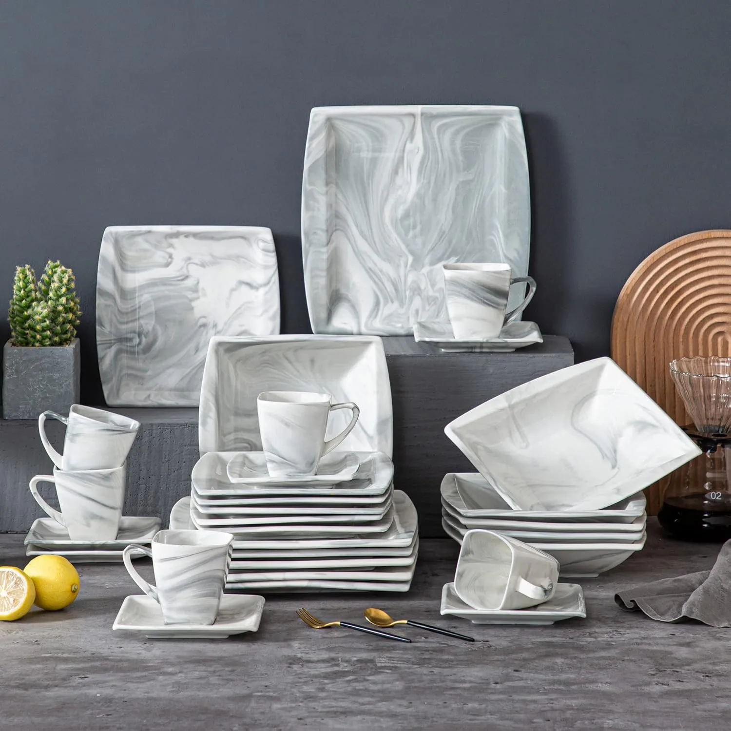 MALACASA Dinnerware Sets, 30 Piece Porcelain Plates and Bowls Sets for 6, Square Dish Set with Dinner Plates Set, Cup and Saucer, Modern Dishware Dishes Microwave Safe, Marble Grey, Series Blance