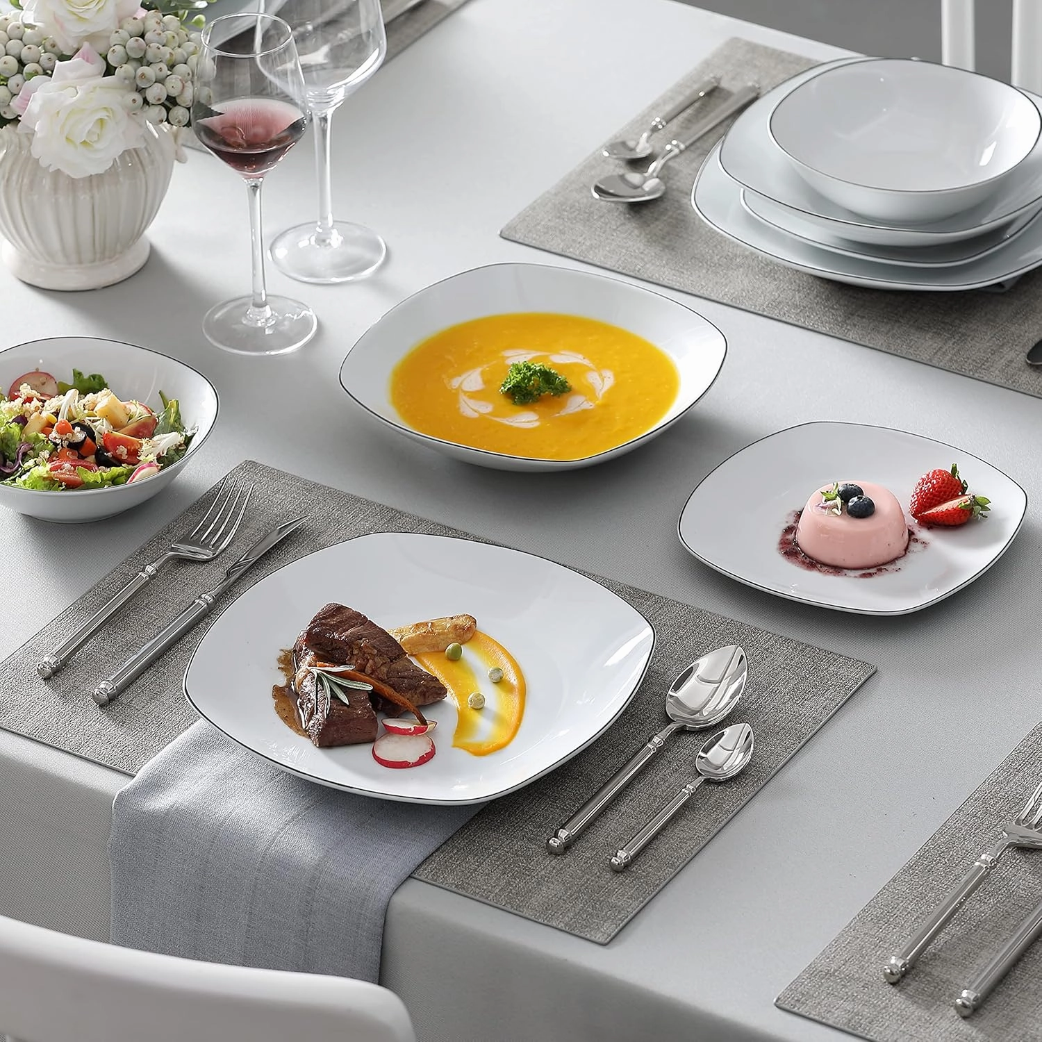 MALACASA Dinnerware Sets, 24 Piece Porcelain Square Dishes, White with Black Rim Plates and Bowls Sets, Ceramic Dish Set for 6, Chip Resistant Dishware Sets, Series ELISA