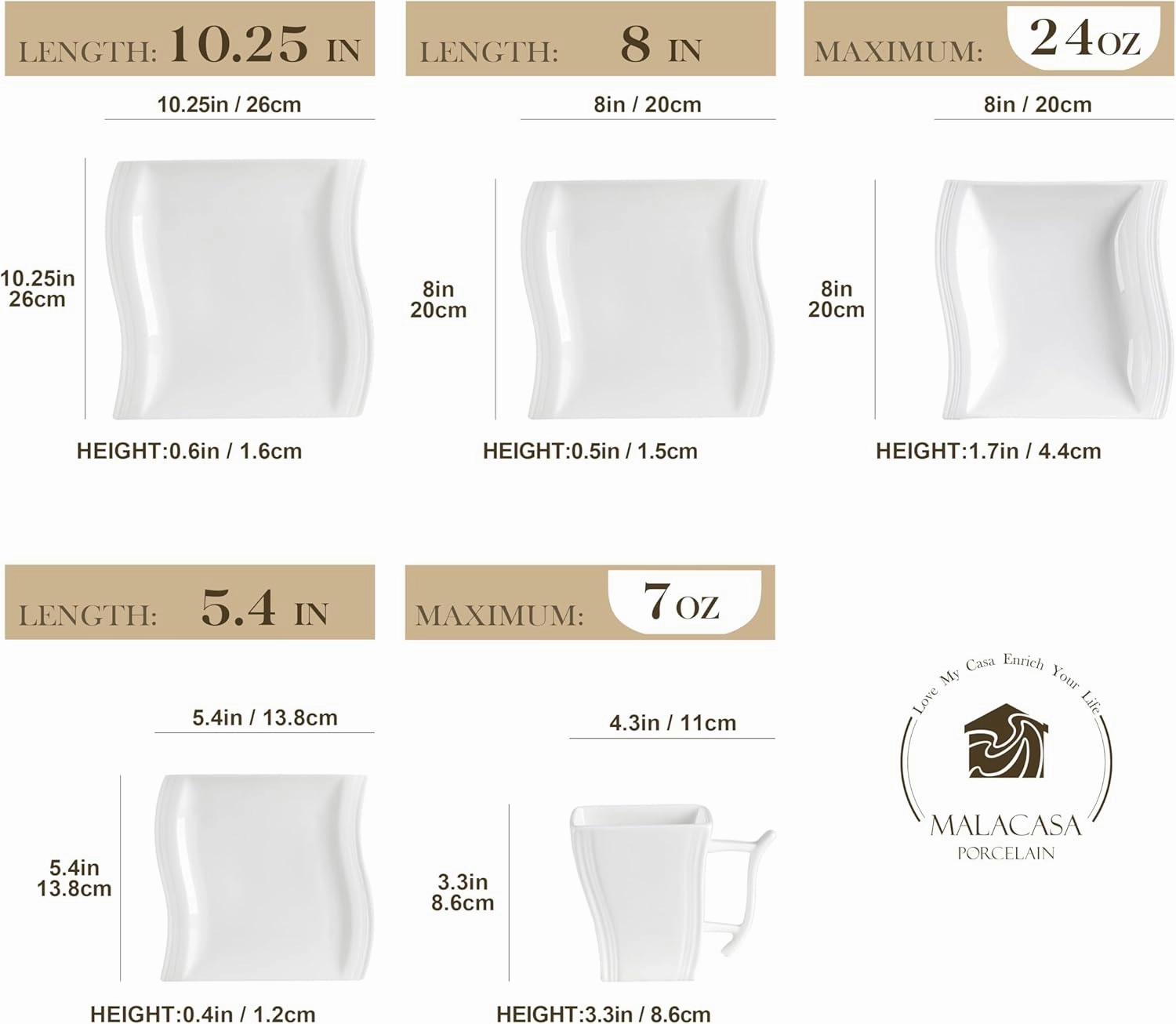 MALACASA Ivory White Dinnerware Sets, 30-Piece Porcelain Plates and Bowls Sets, Modern Dish Set for 6, Square Plates Dinnerware Set Kitchen Dishware Sets, Microwave and Dishwasher Safe, Series Flora