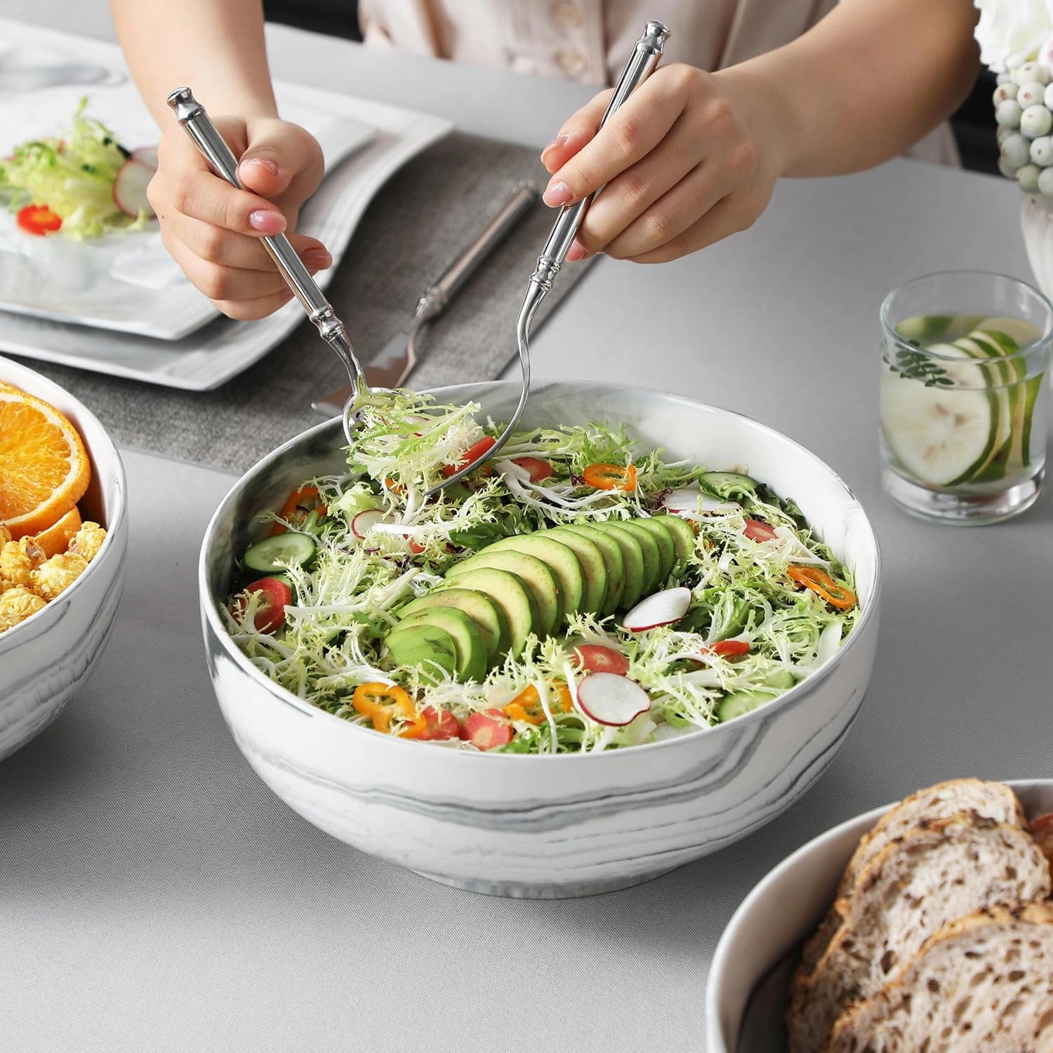 MALACASA Salad Bowls, 114 OZ(10") Extra Large Serving Bowls Set of 2, Porcelain Marble Grey Bowls Set for Soup, Salad, Ramen and Fruit, Dishwasher& Microwave Safe, Series REGULAR