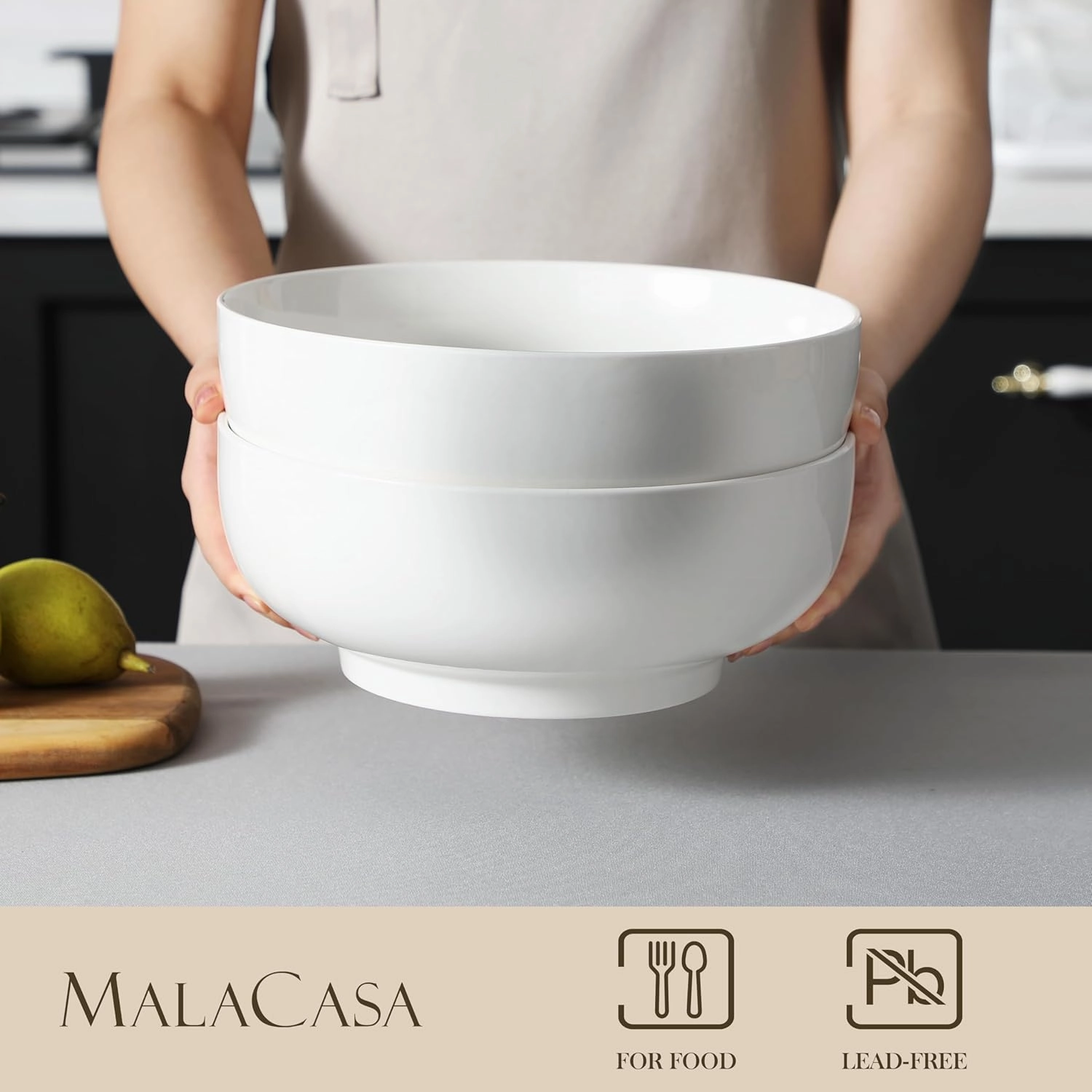MALACASA Serving Bowls, 114 OZ(10") Extra Large Salad Bowls Set of 2, Porcelain White Serving Bowls for Salad, Soup, Pasta and Dinner, Large Ceramic Bowl Set for Entertaining, Series REGULAR
