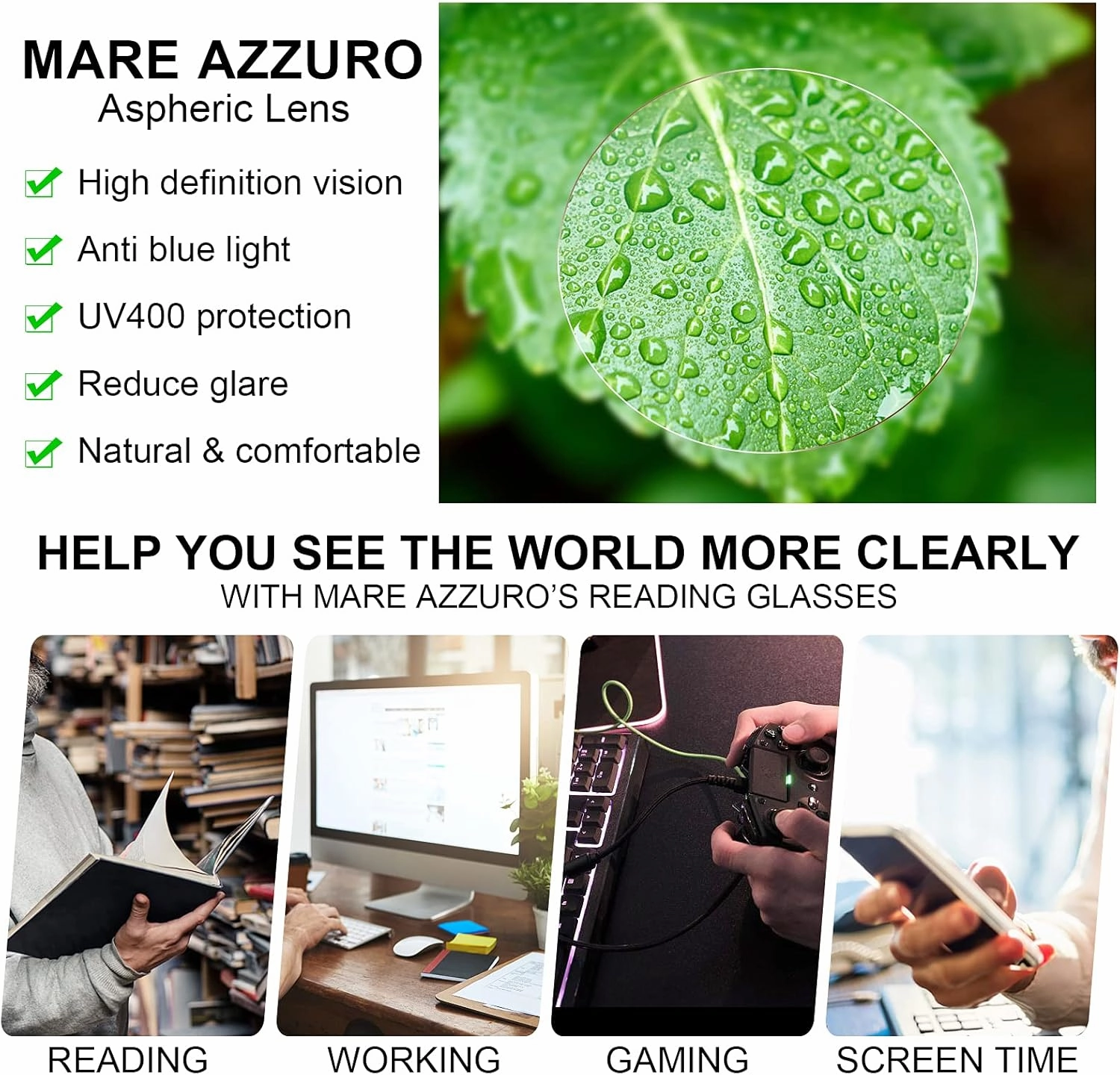 MARE AZZURO Blue Light Blocking Reading Glasses Men Large Square Computer Readers 0 1.00 1.25 1.50 1.75 2.00 2.25 2.50 2.75 3.00 3.50 4.00 5.00 6.00 (Black 175)