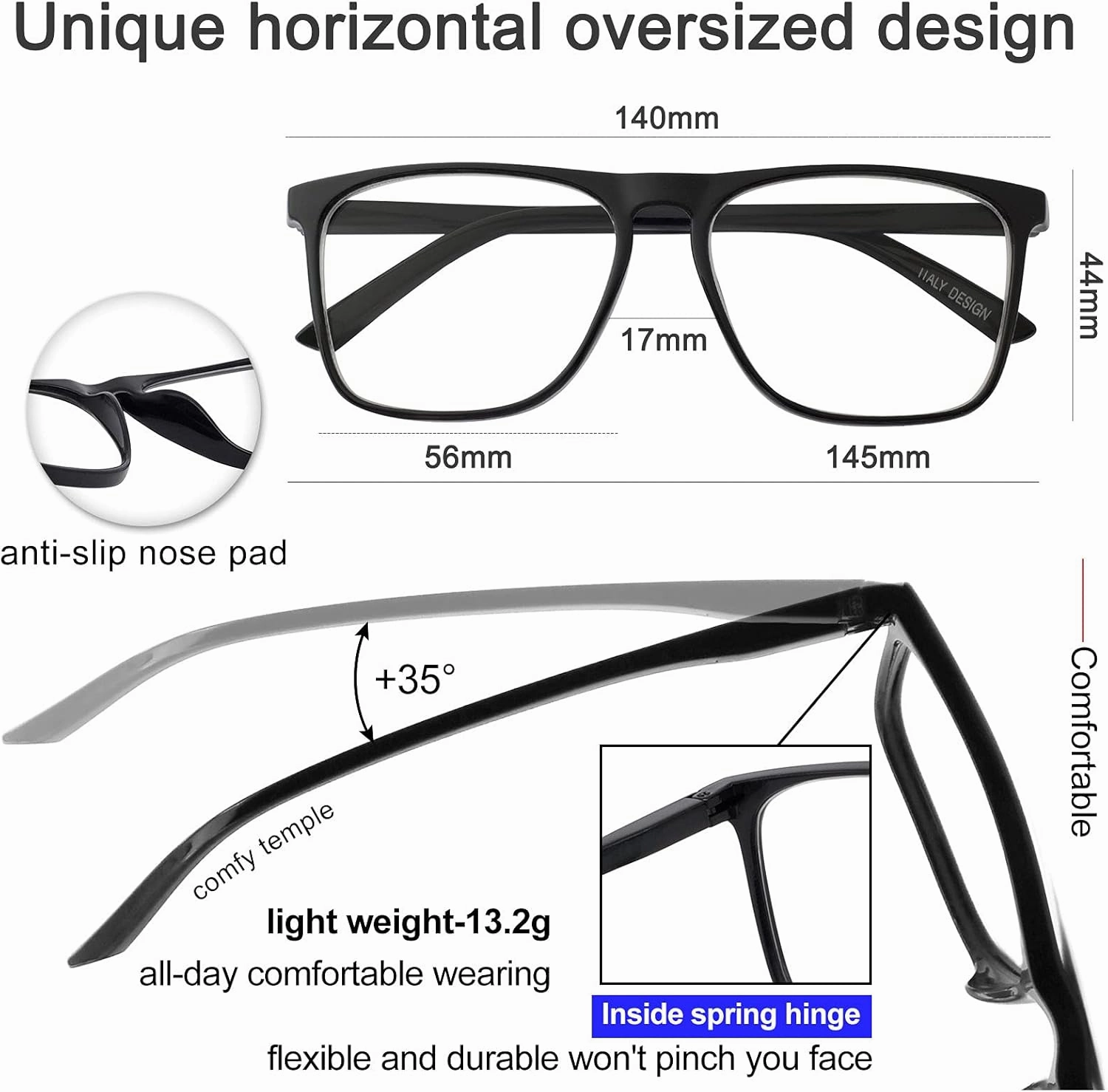 MARE AZZURO Blue Light Blocking Reading Glasses Men Large Square Computer Readers 0 1.00 1.25 1.50 1.75 2.00 2.25 2.50 2.75 3.00 3.50 4.00 5.00 6.00 (Black 175)