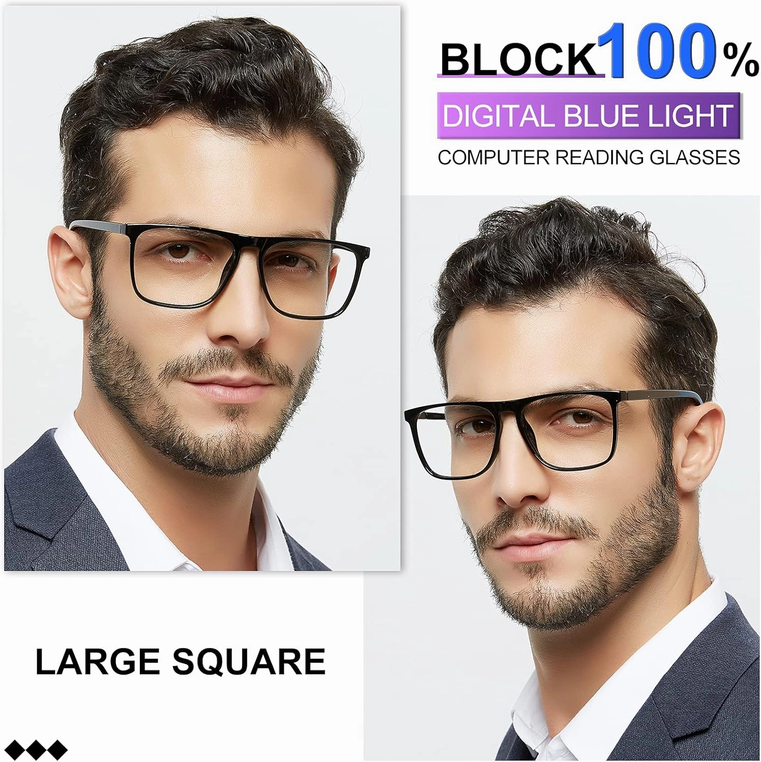 MARE AZZURO Blue Light Blocking Reading Glasses Men Large Square Computer Readers 0 1.00 1.25 1.50 1.75 2.00 2.25 2.50 2.75 3.00 3.50 4.00 5.00 6.00 (Black 175)