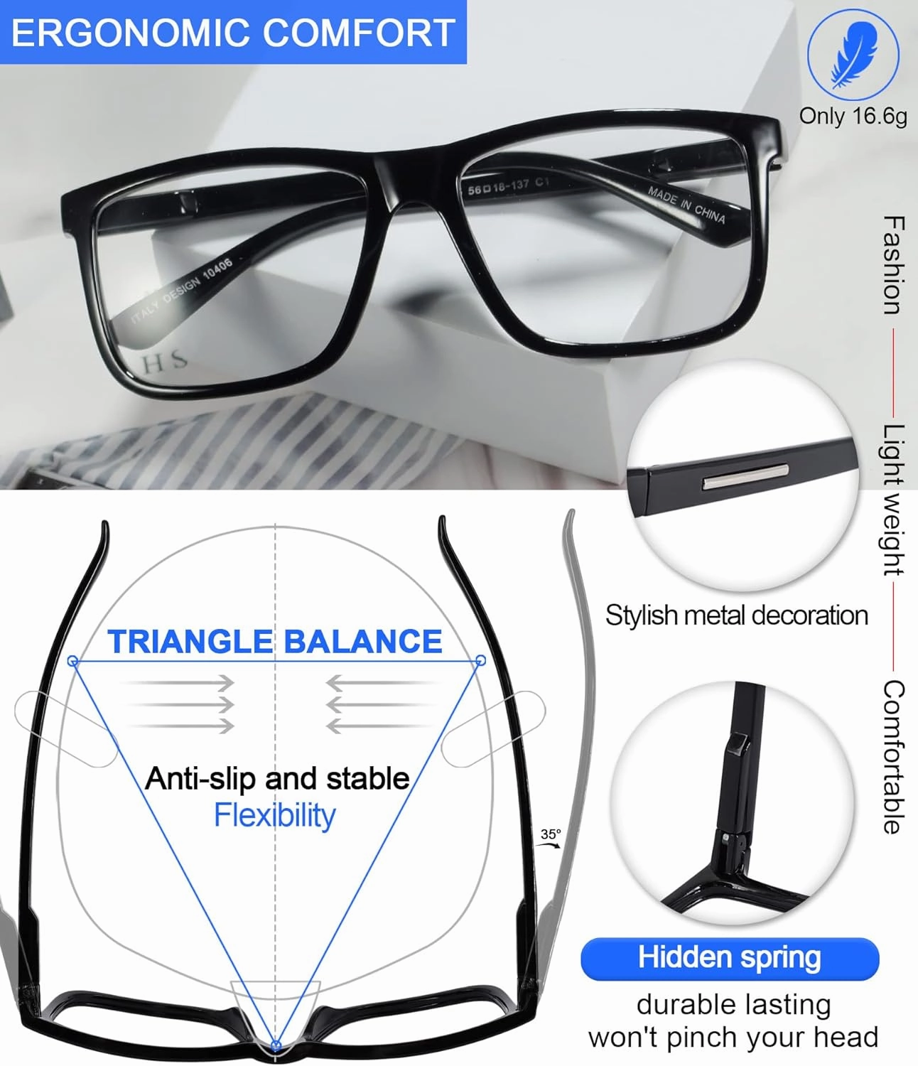 MARE AZZURO Oversized Square Reading Glasses Men Large Readers Big Face 1.0 1.25 1.5 1.75 2.0 2.25 2.5 2.75 3.0 3.5 4.0 5.0 6.0 (Black, 2.50)