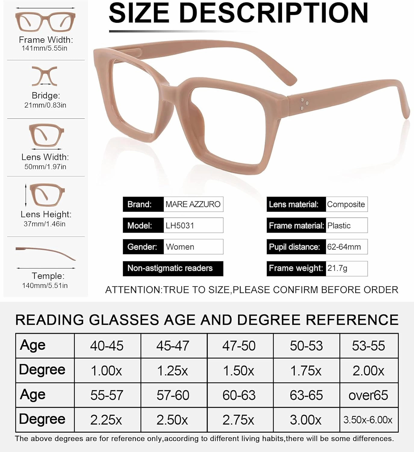 MARE AZZURO Square Reading Glasses Women Trendy Large Readers 1.0 1.25 1.5 1.75 2.0 2.25 2.5 2.75 3.0 3.5 4.0 5.0 6.0 (Coffee, 175)