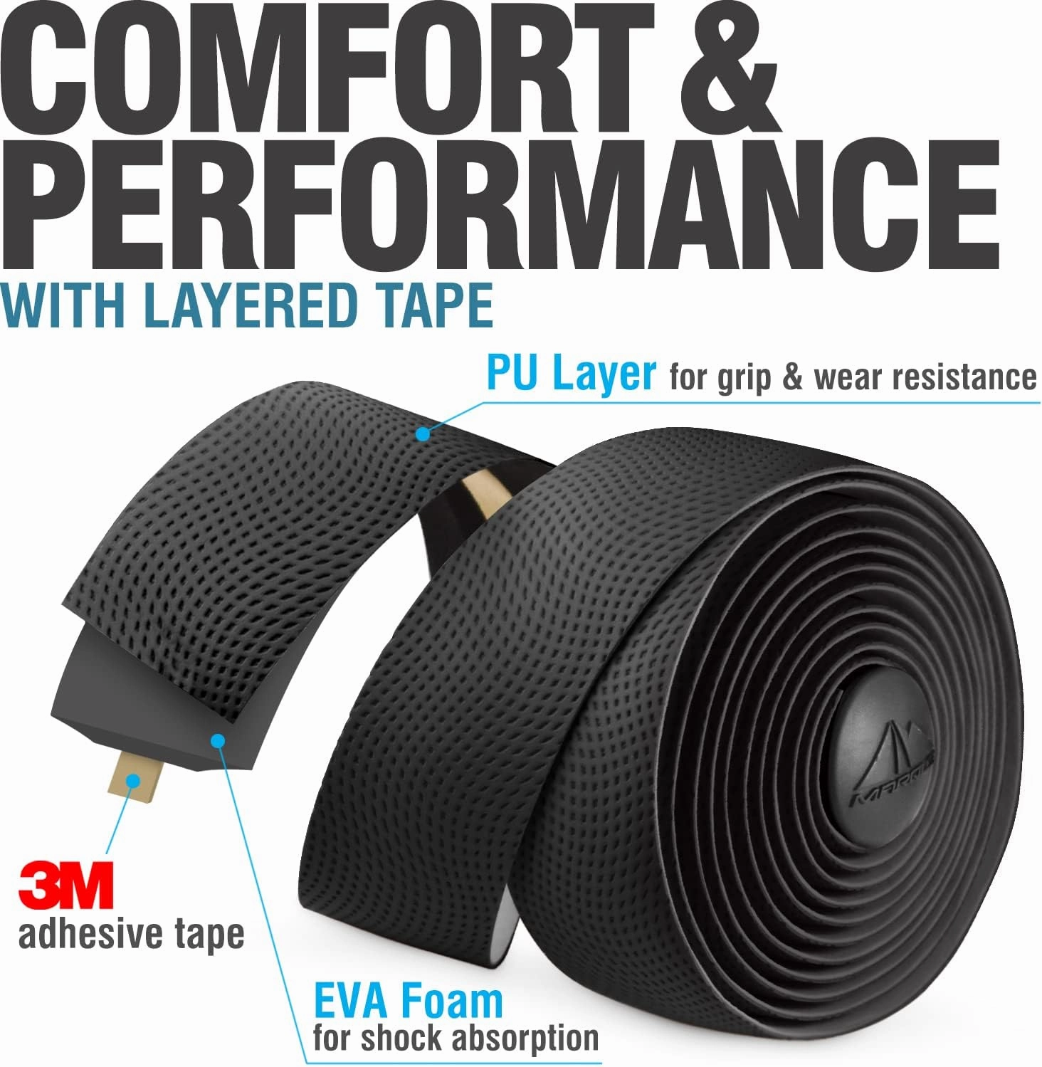 MARQUE Pro Bike Handlebar Tape – Road Cycling Bicycle Handle Bar Wrap with Adhesive Backs, Comes with Pair of Bar End Plugs – 2 Rolls per Set