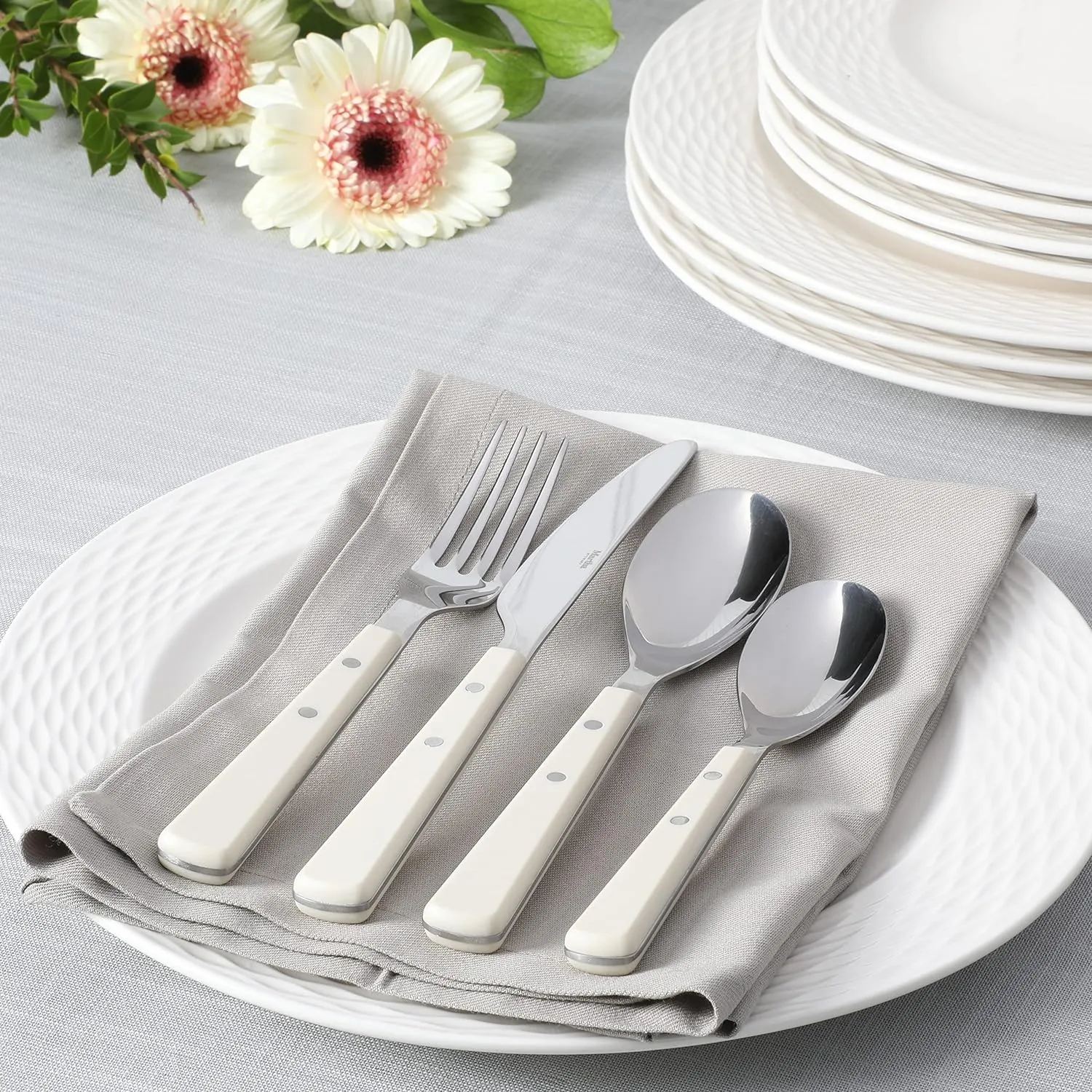 Martha Stewart Watercliffe 16 pc Flatware Silverware Set - Stainless Steel Utensils - Forks, Spoons, Knives - Service for 4 - Linen