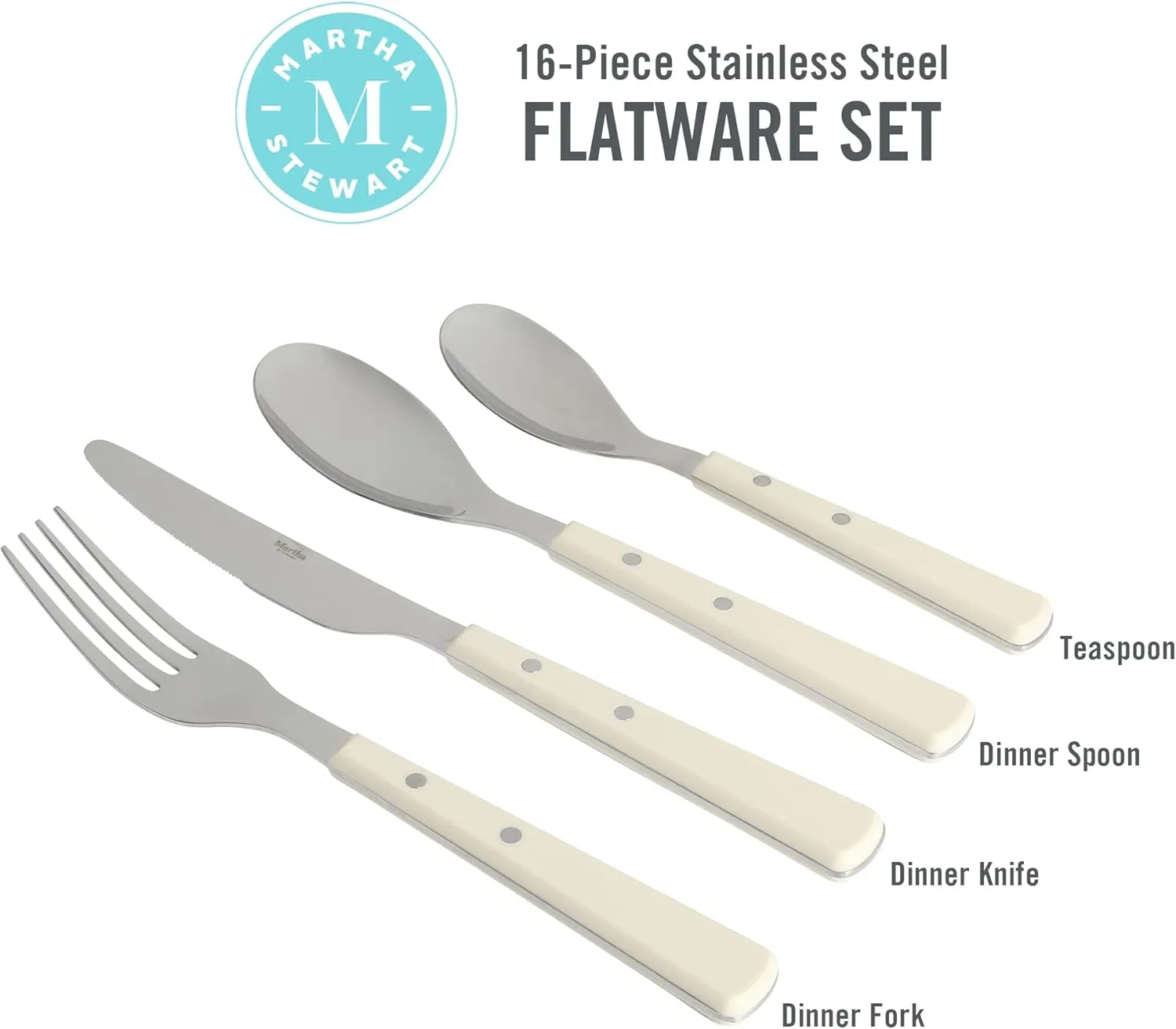 Martha Stewart Watercliffe 16 pc Flatware Silverware Set - Stainless Steel Utensils - Forks, Spoons, Knives - Service for 4 - Linen