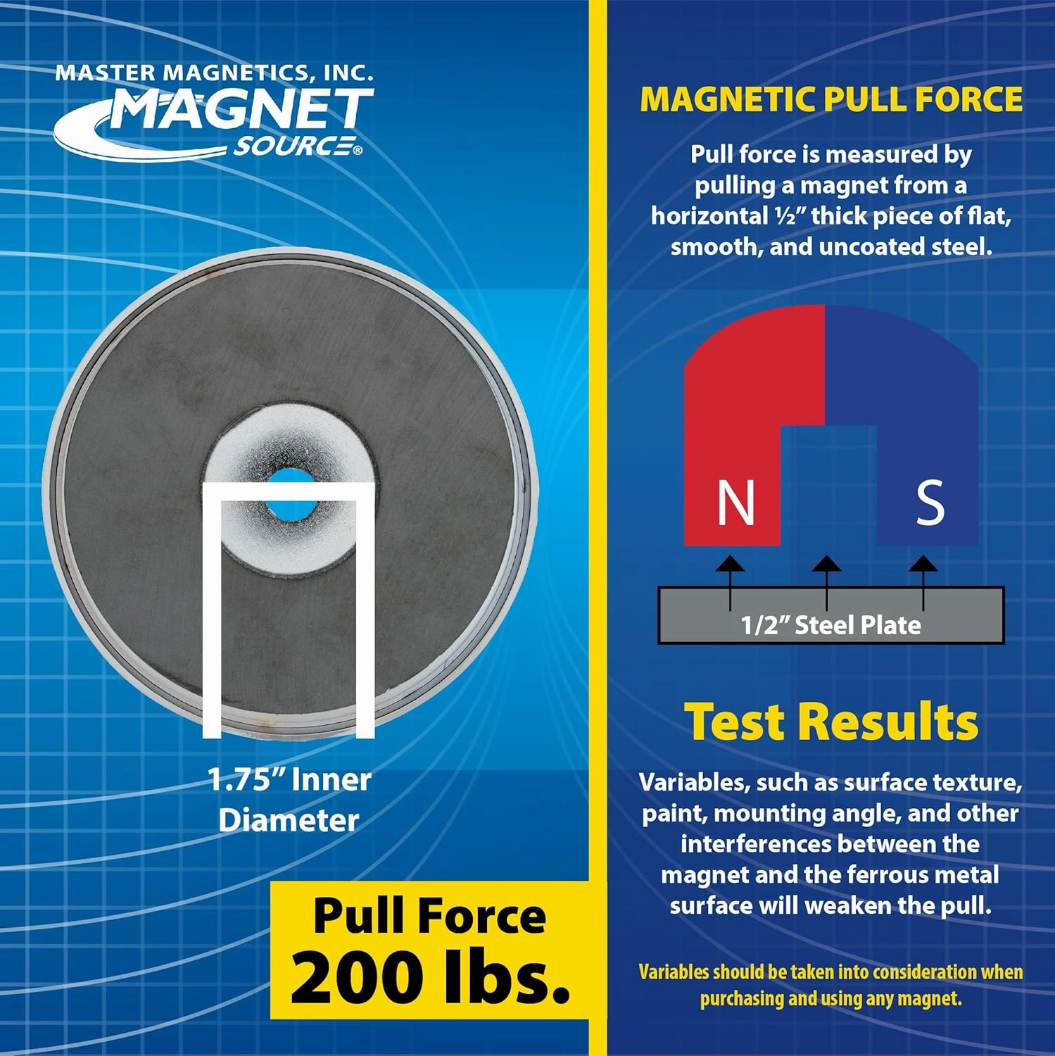 Master Magnetics Ceramic Round Base Magnet - 4.90" Diameter, 0.50" Thick, 0.50" Center Hole, 200 Pounds Pull, Chrome Plated, Pack of 2, RB100CX2