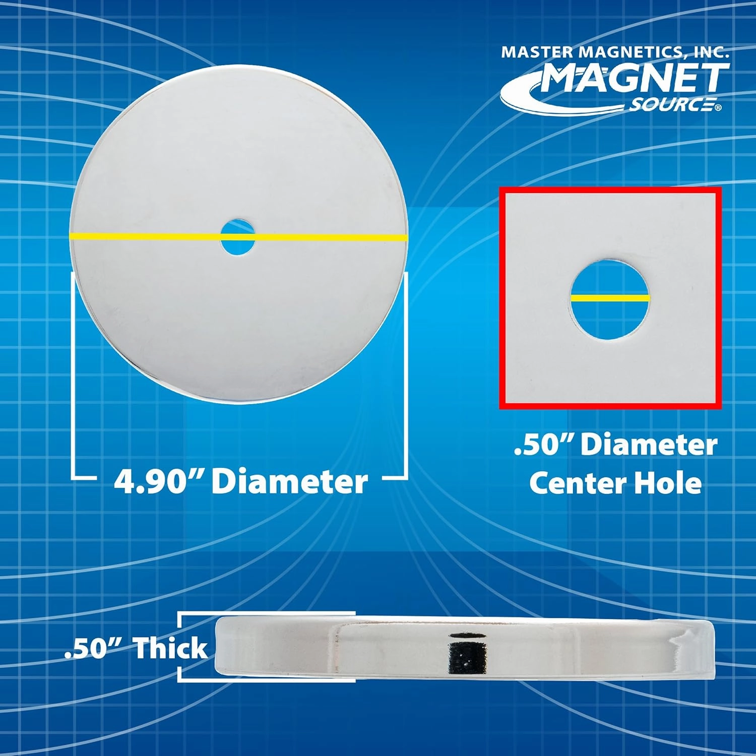 Master Magnetics Ceramic Round Base Magnet - 4.90" Diameter, 0.50" Thick, 0.50" Center Hole, 200 Pounds Pull, Chrome Plated, Pack of 2, RB100CX2