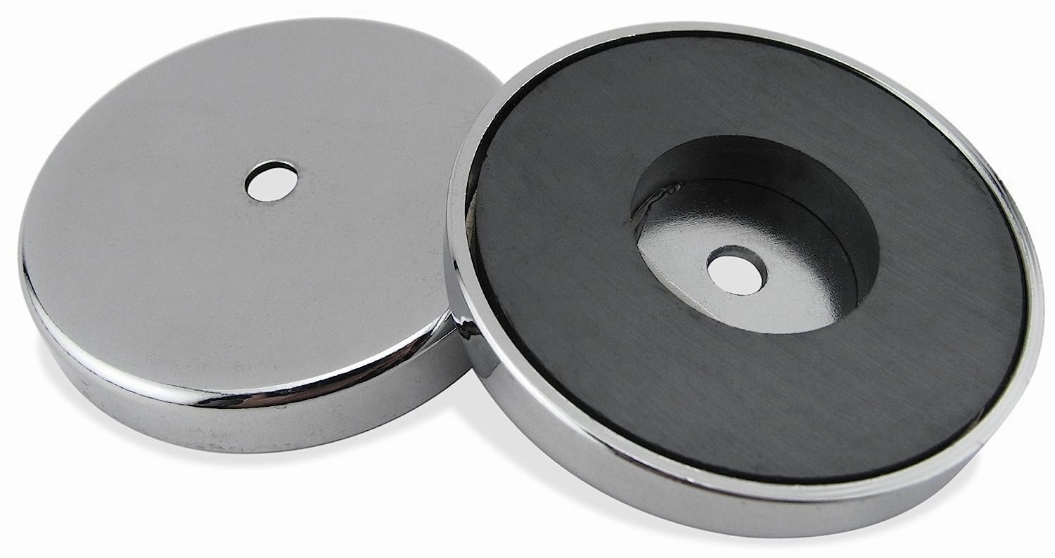 Master Magnetics Ceramic Round Base Magnet - 4.90" Diameter, 0.50" Thick, 0.50" Center Hole, 200 Pounds Pull, Chrome Plated, Pack of 2, RB100CX2