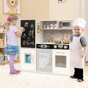 MAT EXPERT Kids Kitchen Playset, Wooden Chef Pretend Toy Kitchen w/Chalkboard, Ice Maker, Cookware Accessories, Telephone, Microwave, Play Kitchen for Toddlers, Gift for Boys Girls 3  (Beige)